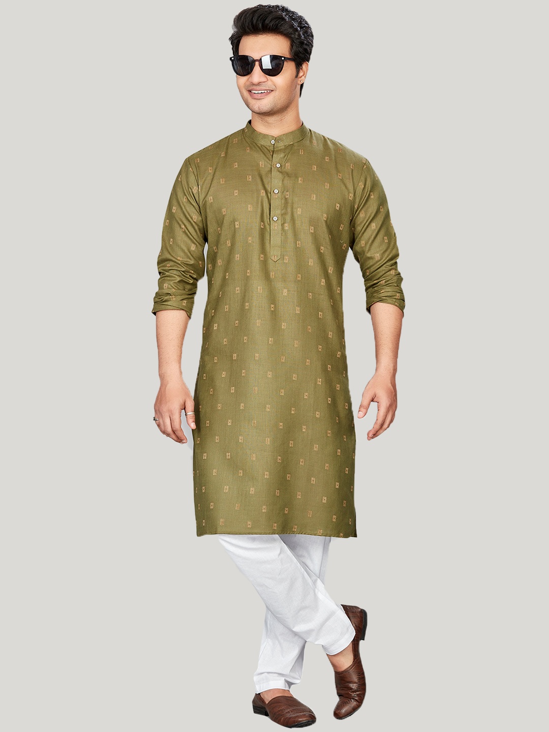 

Authentics Buta Woven Design Band Collar Kurta with Trousers, Green