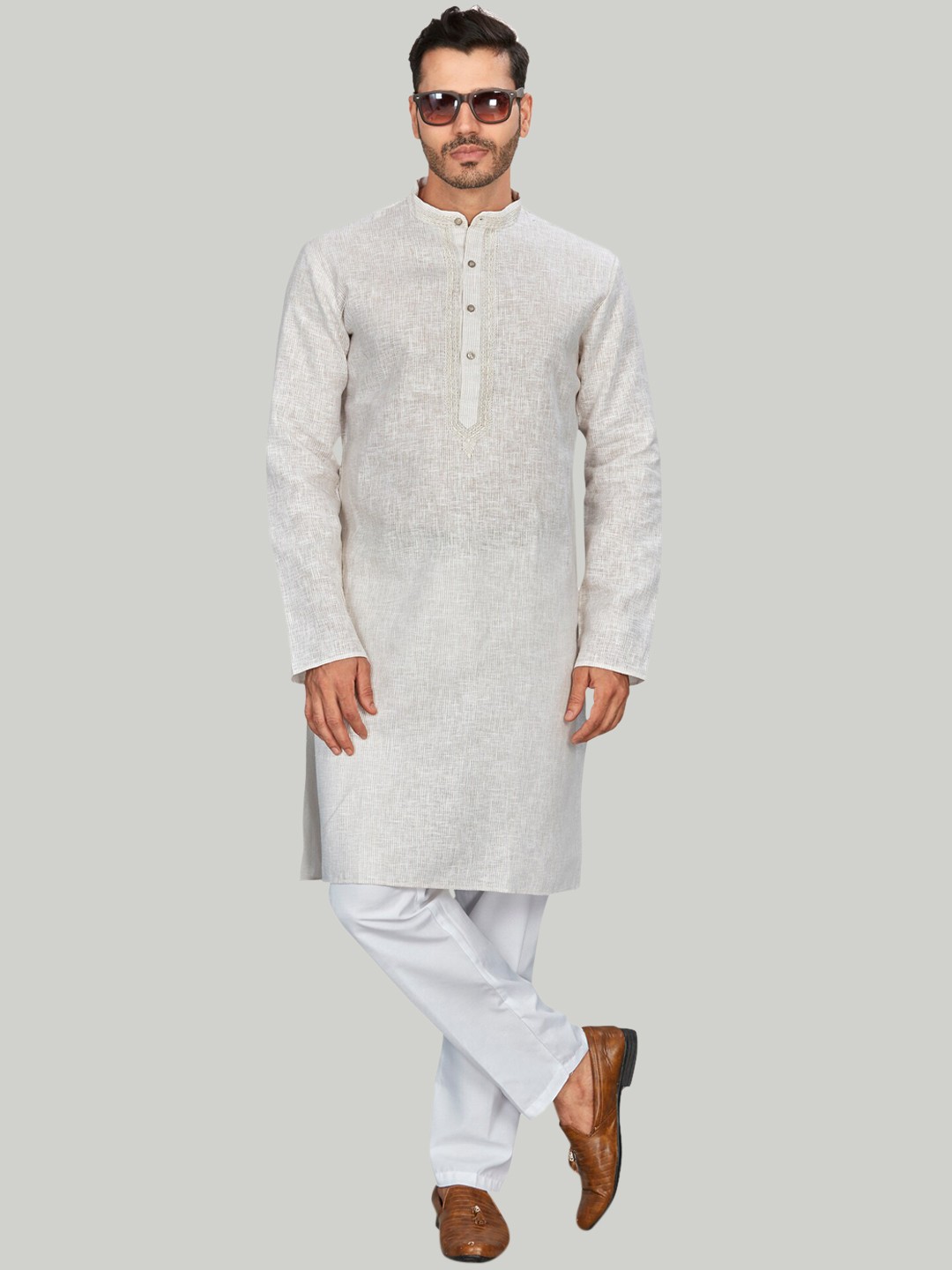 

Authentics Band Collar Thread Work Kurta with Trousers, Beige
