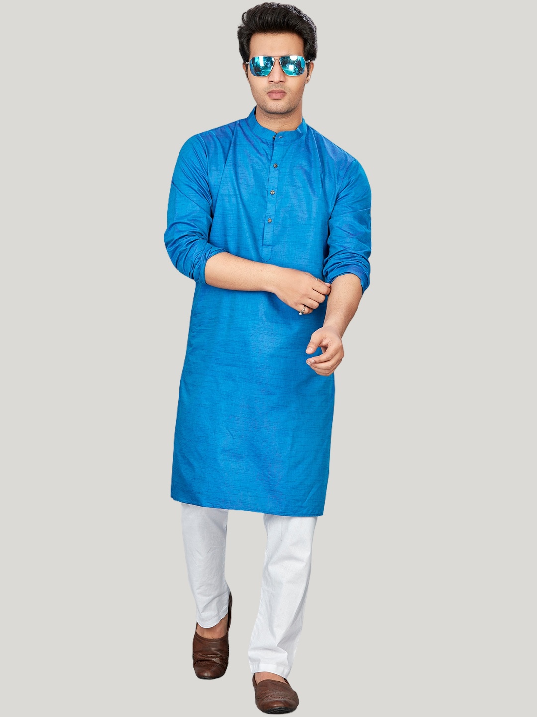 

Authentics Band Collar Pure Cotton Kurta with Pyjamas, Blue