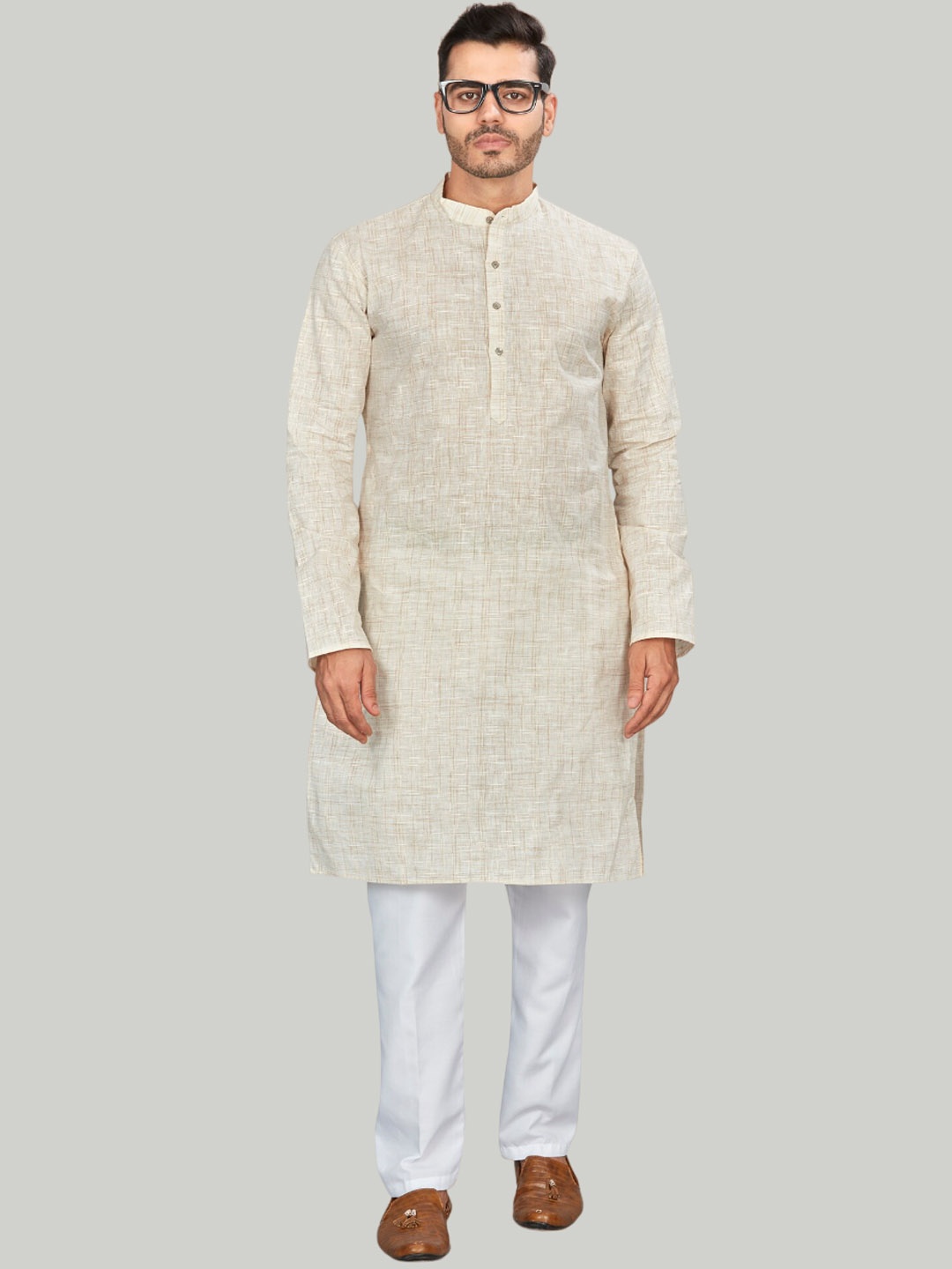 

Authentics Abstract Printed Band Collar Kurta with Pyjamas, Beige