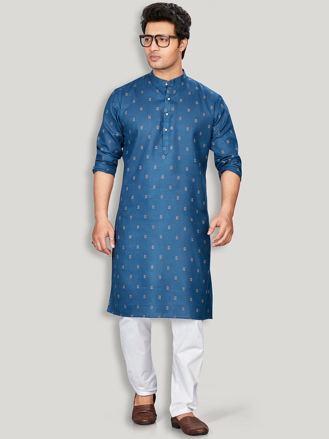 

Authentics Mandarin Collar Regular Kurta With Pyjamas, Blue