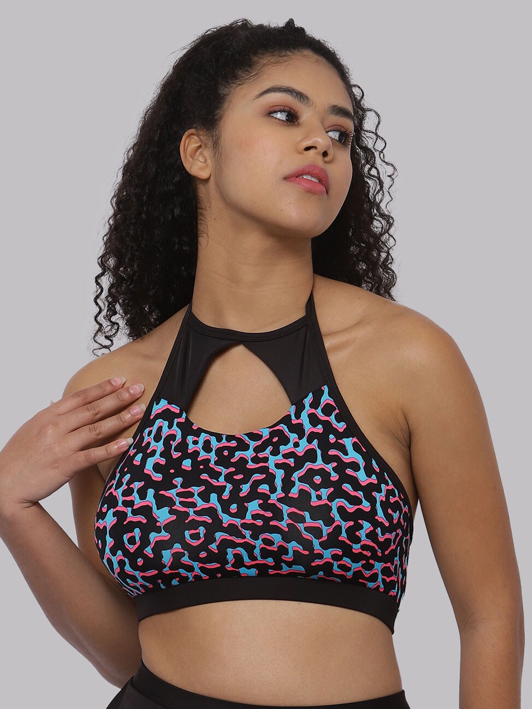

CUKOO Abstract Printed Halter Neck Comfort Fit Swim Top, Black