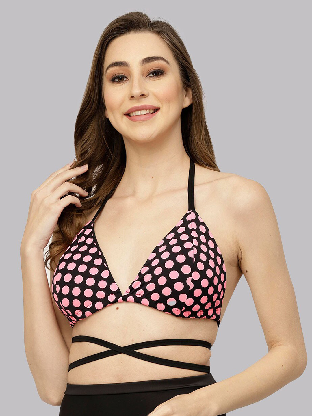 

CUKOO Polka Dots Printed Halter Neck Swim Top, Pink