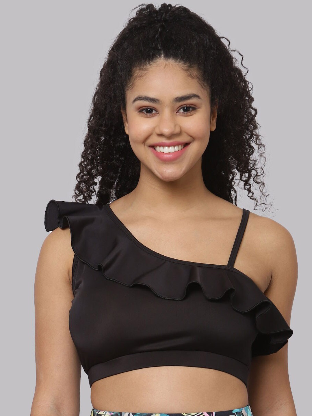 

CUKOO One Shoulder Padded Frill Swim Top, Black