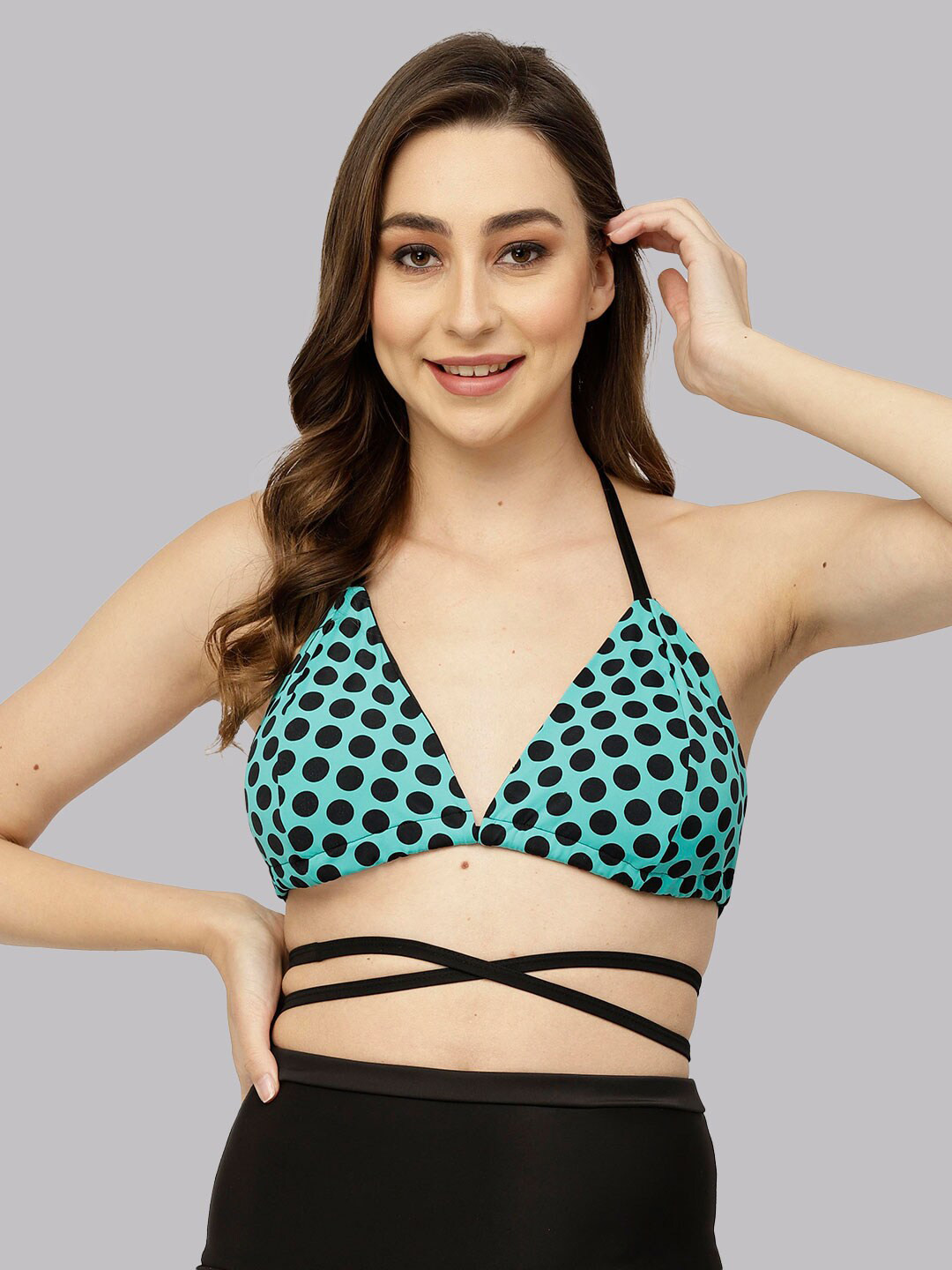 

CUKOO Polka Dot Printed Halter Neck Padded Swim Top, Sea green