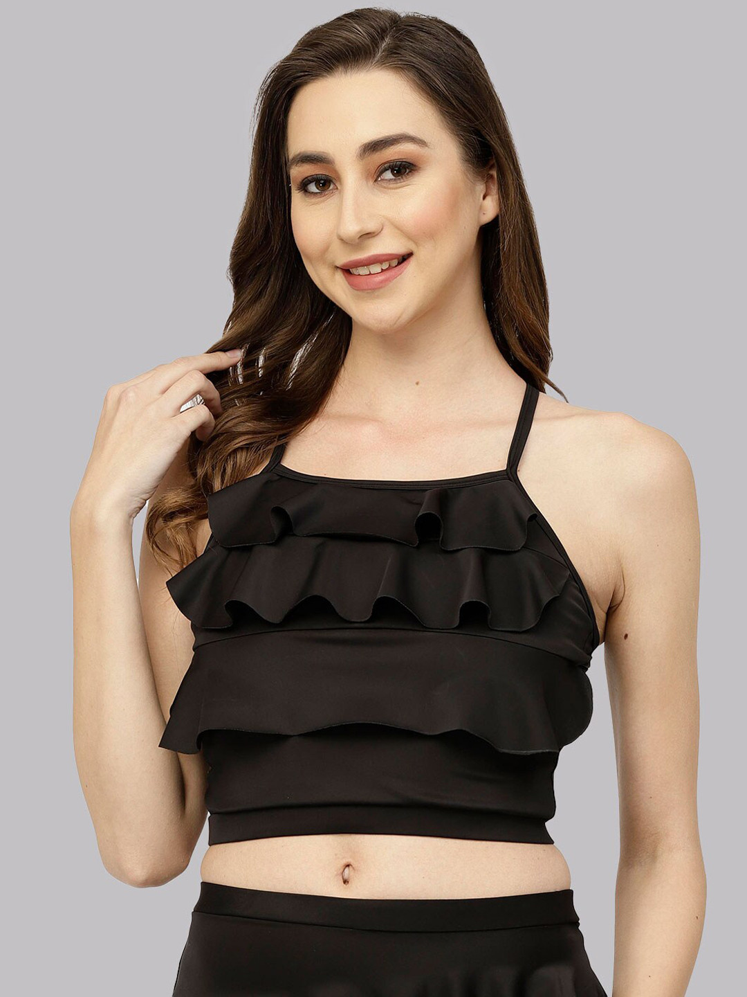 

CUKOO Shoulder Straps Padded Frill Swim Top, Black