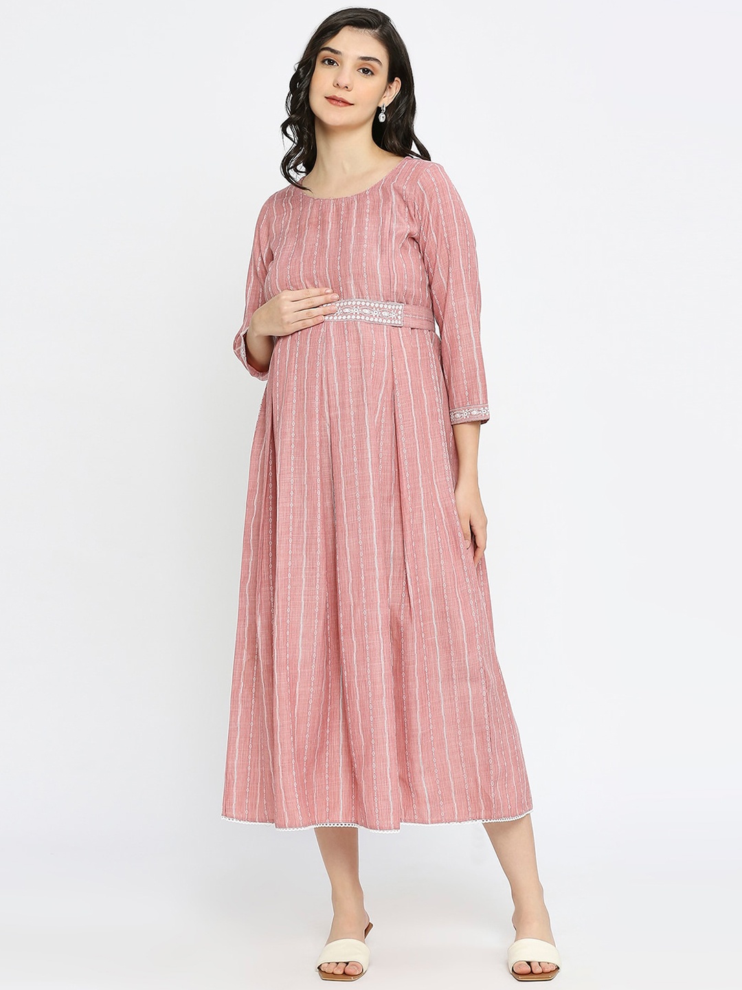 

DUMMY SHAPE Striped Cotton Round Neck Maternity A-Line Dress, Pink