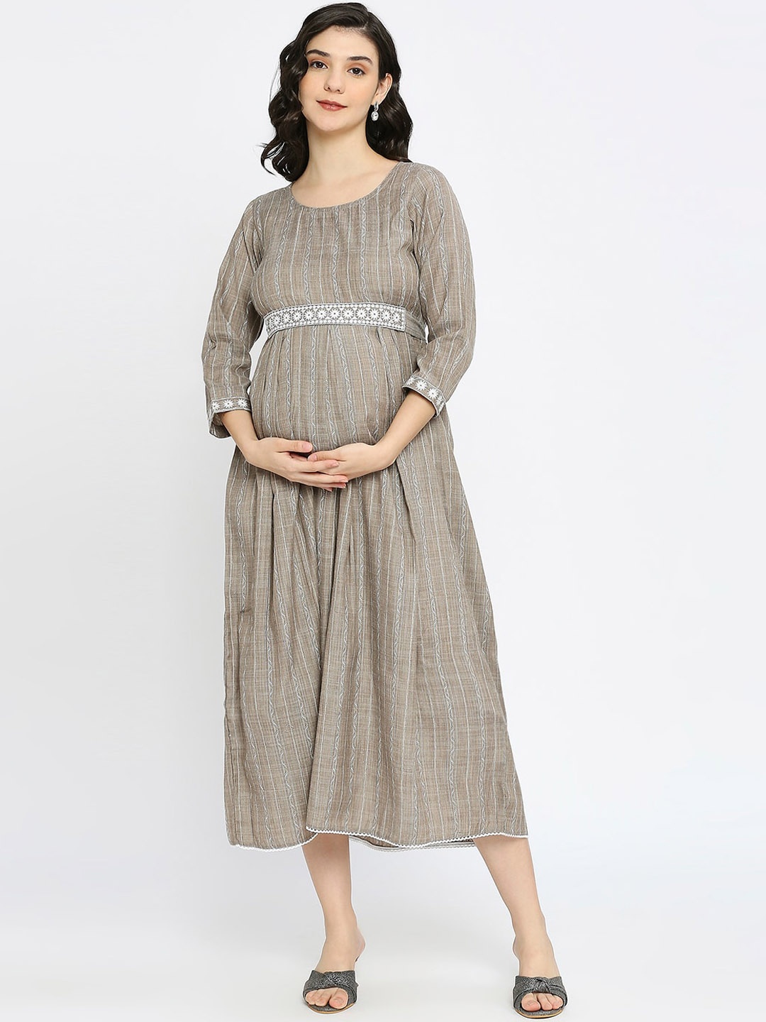

DUMMY SHAPE Self Design Maternity A-Line Midi Ethnic Dress, Grey