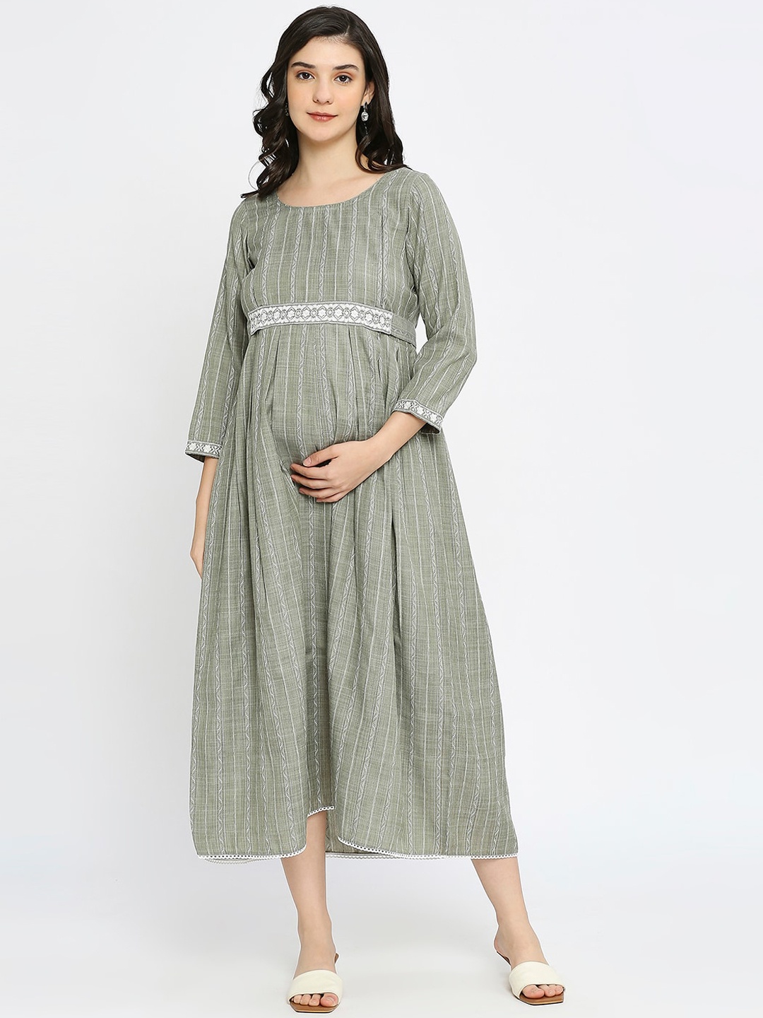 

DUMMY SHAPE Self Design Maternity A-Line Midi Ethnic Dress, Green
