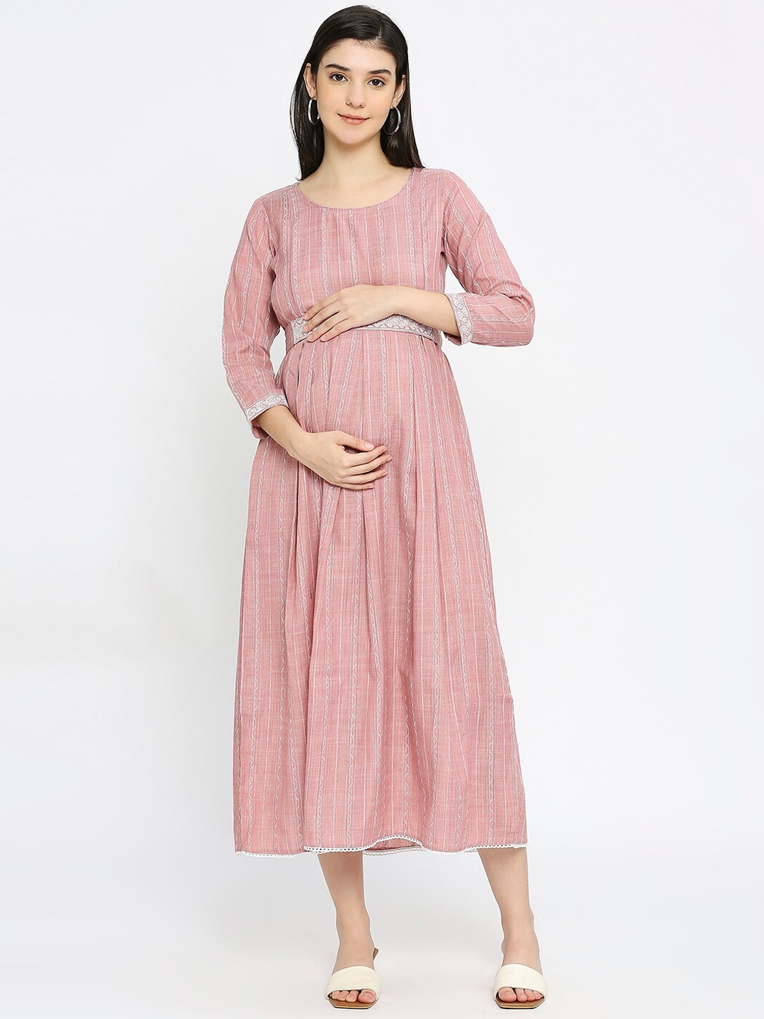 

DUMMY SHAPE Self Design Maternity A-Line Midi Ethnic Dress, Pink