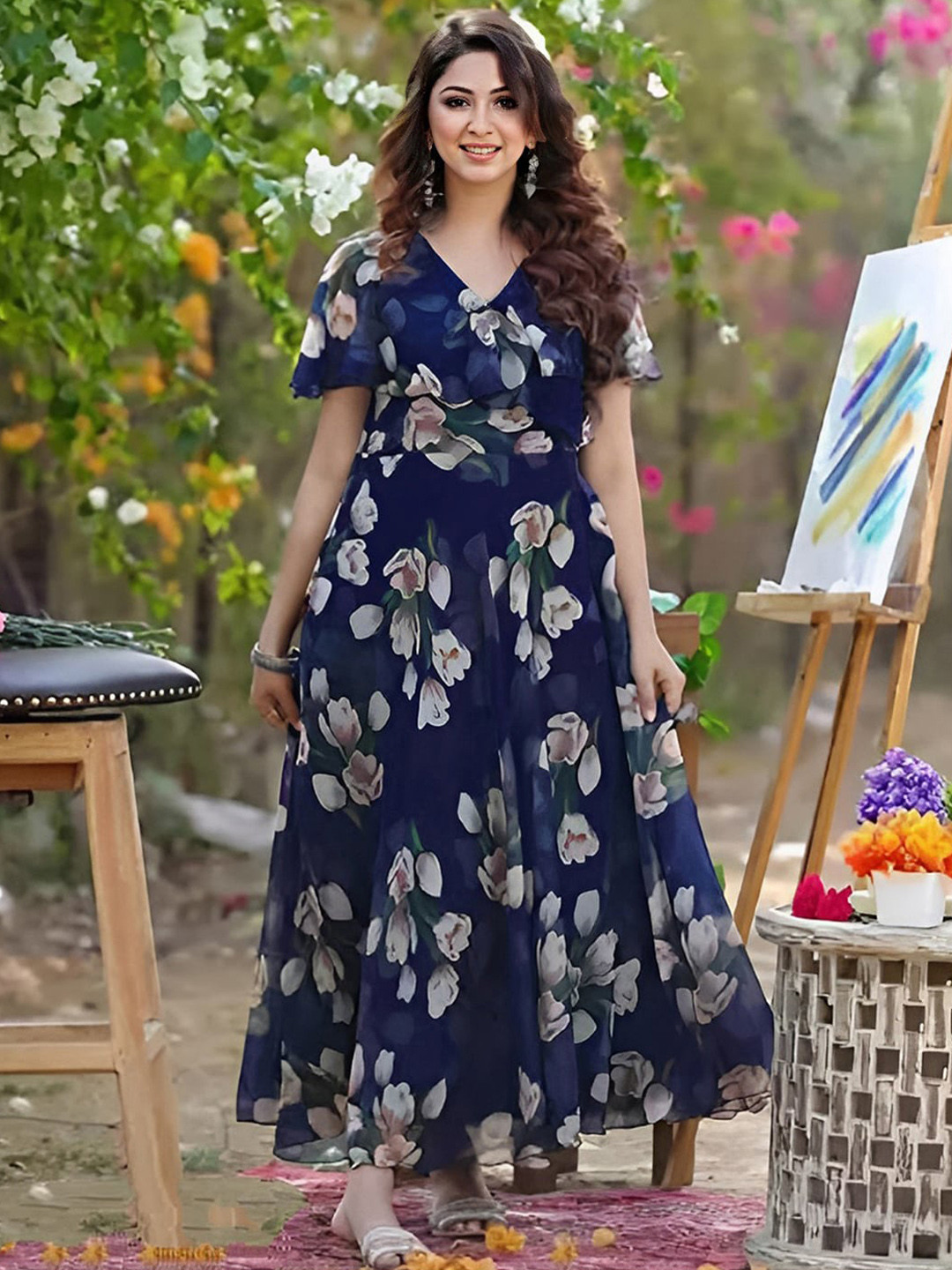 

KALINI Floral Printed V-Neck Midi Georgette Maxi Dress, Navy blue