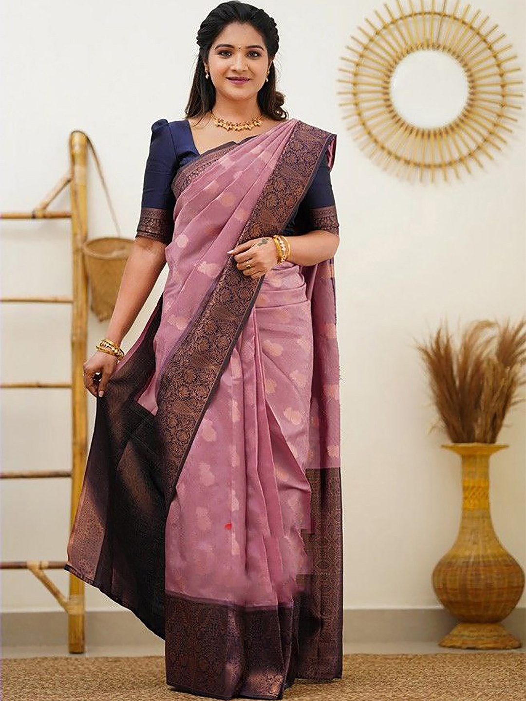 

KALINI Ethnic Motifs Woven Design Zari Banarasi Saree, Pink