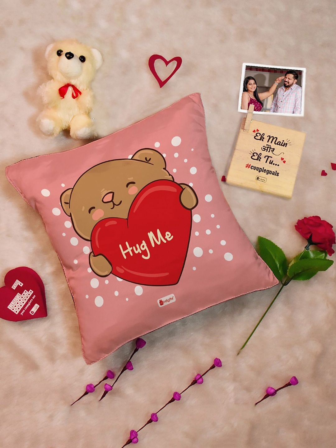 

Indigifts 4-Pcs Pink Cushion Cover-Photo Stand-Teddy & Greetings Gift Set