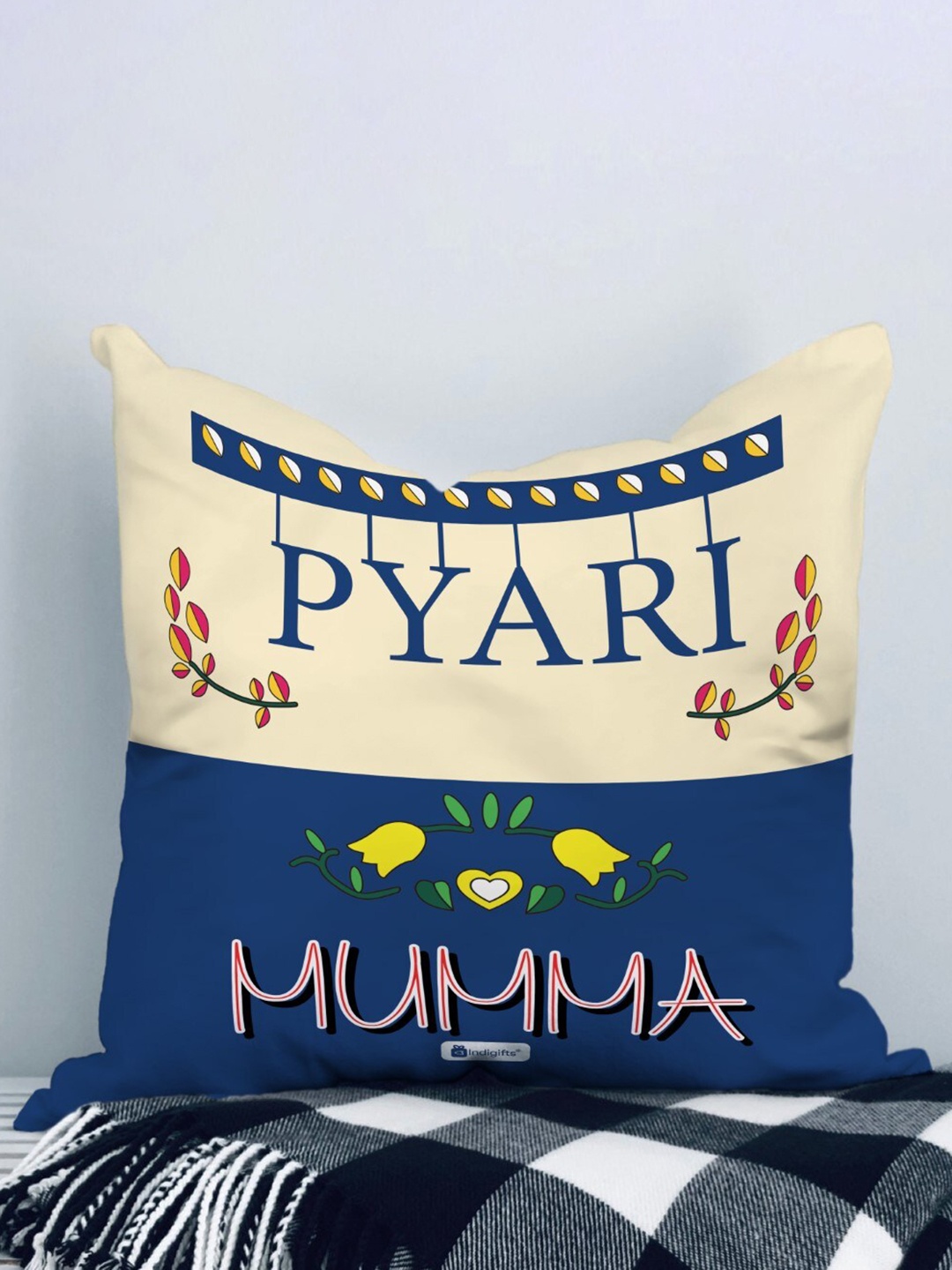 Indigifts Blue & Beige Printed Square Cushion