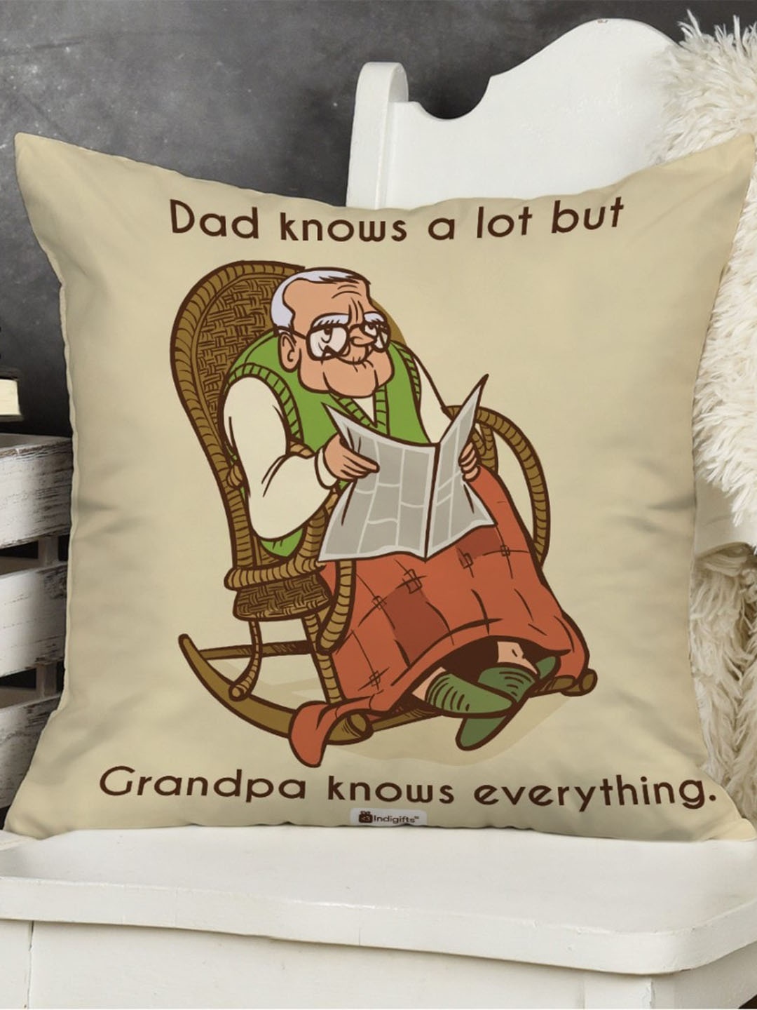 

Indigifts Beige & Green Printed Grandfather Birthday Gift Cushion