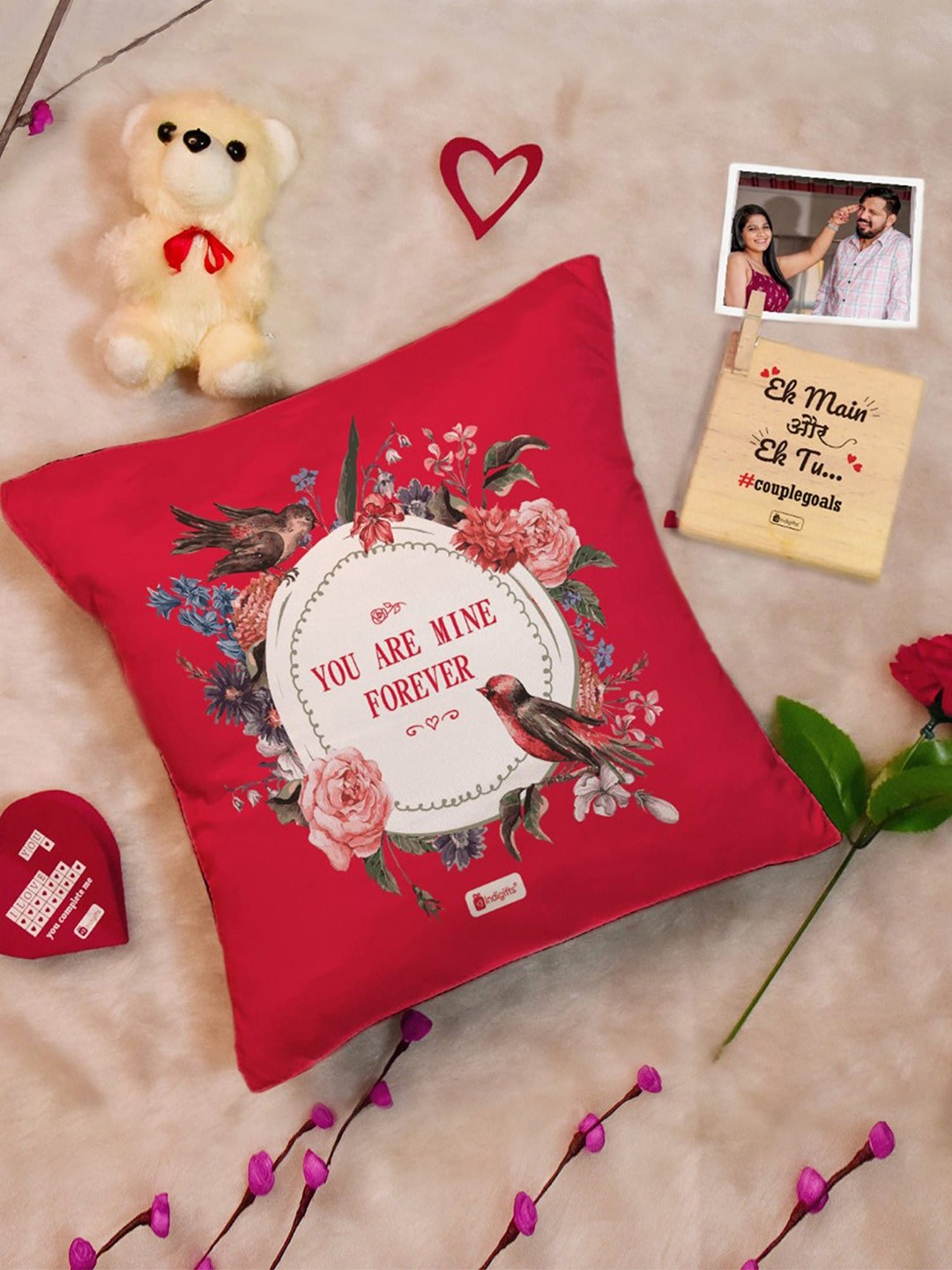 

Indigifts 4-Pcs Red Cushion Cover-Teddy- Artificial Flower & Greetings Card Gift Set