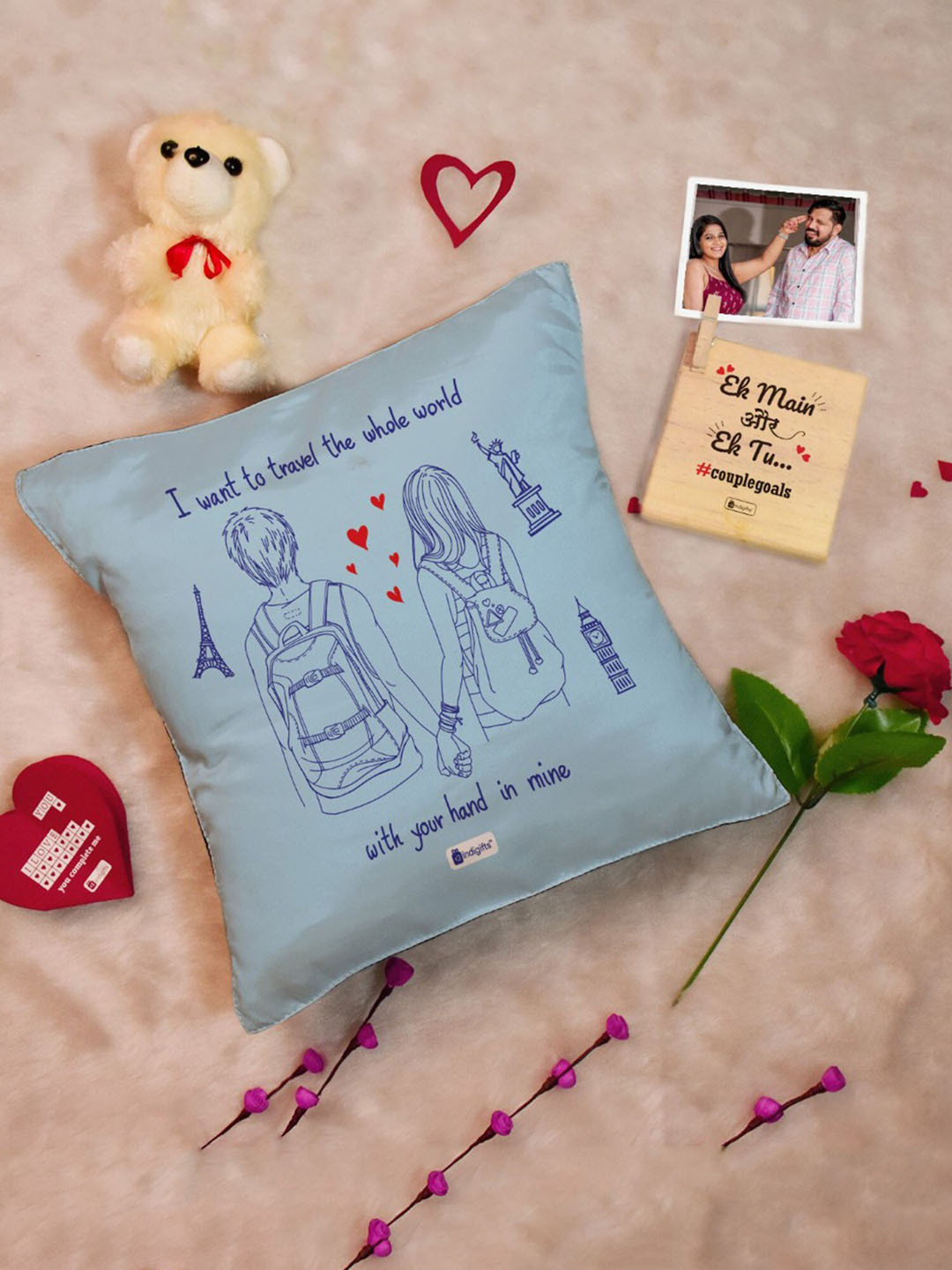 

Indigifts 5Pcs Blue & Black Printed Cushion Cover Frame Card Rose & Teddy Set