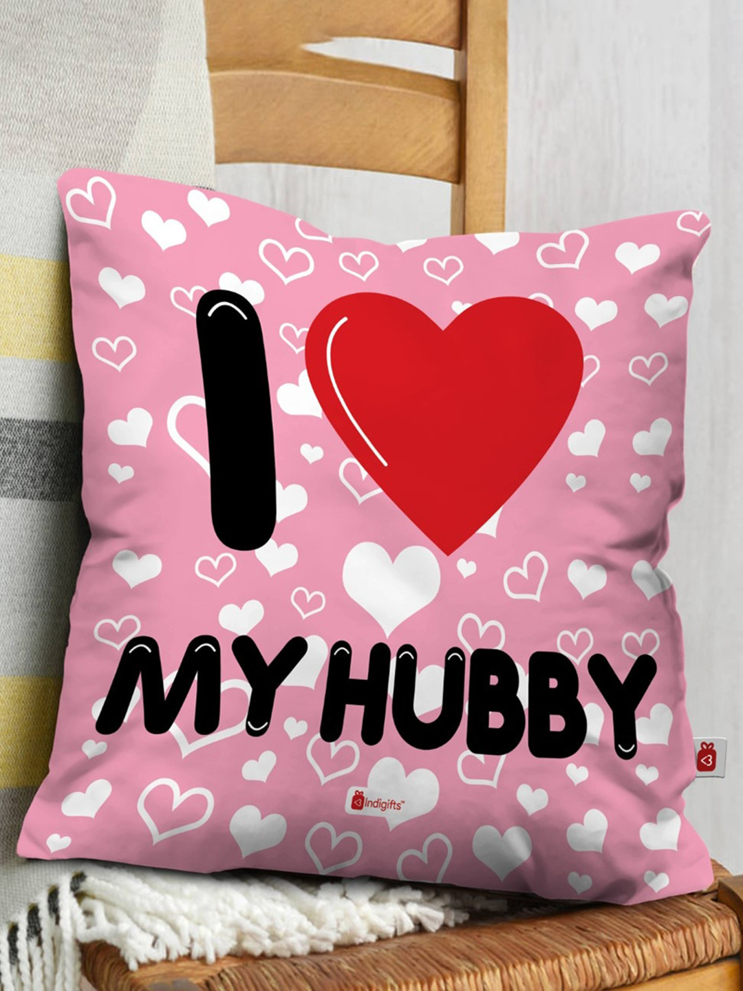 

Indigifts White & Pink Printed Square Cushion Cover