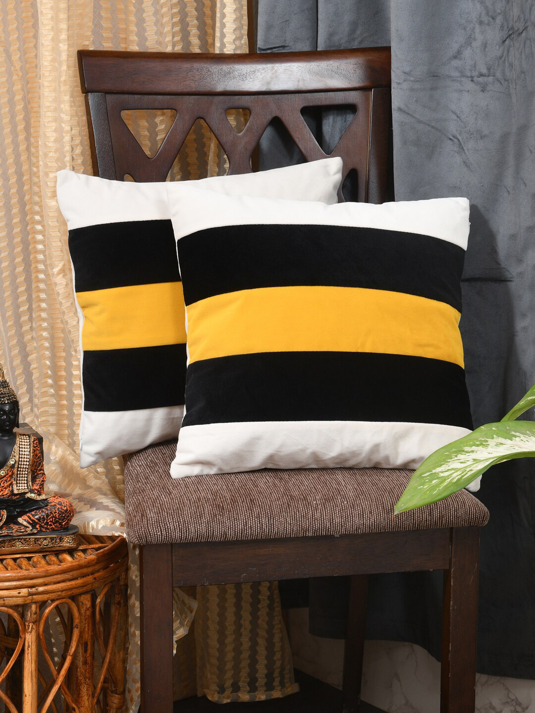 

Clasiko Black & Yellow 2 Pcs Striped Velvet Square Cushion Covers