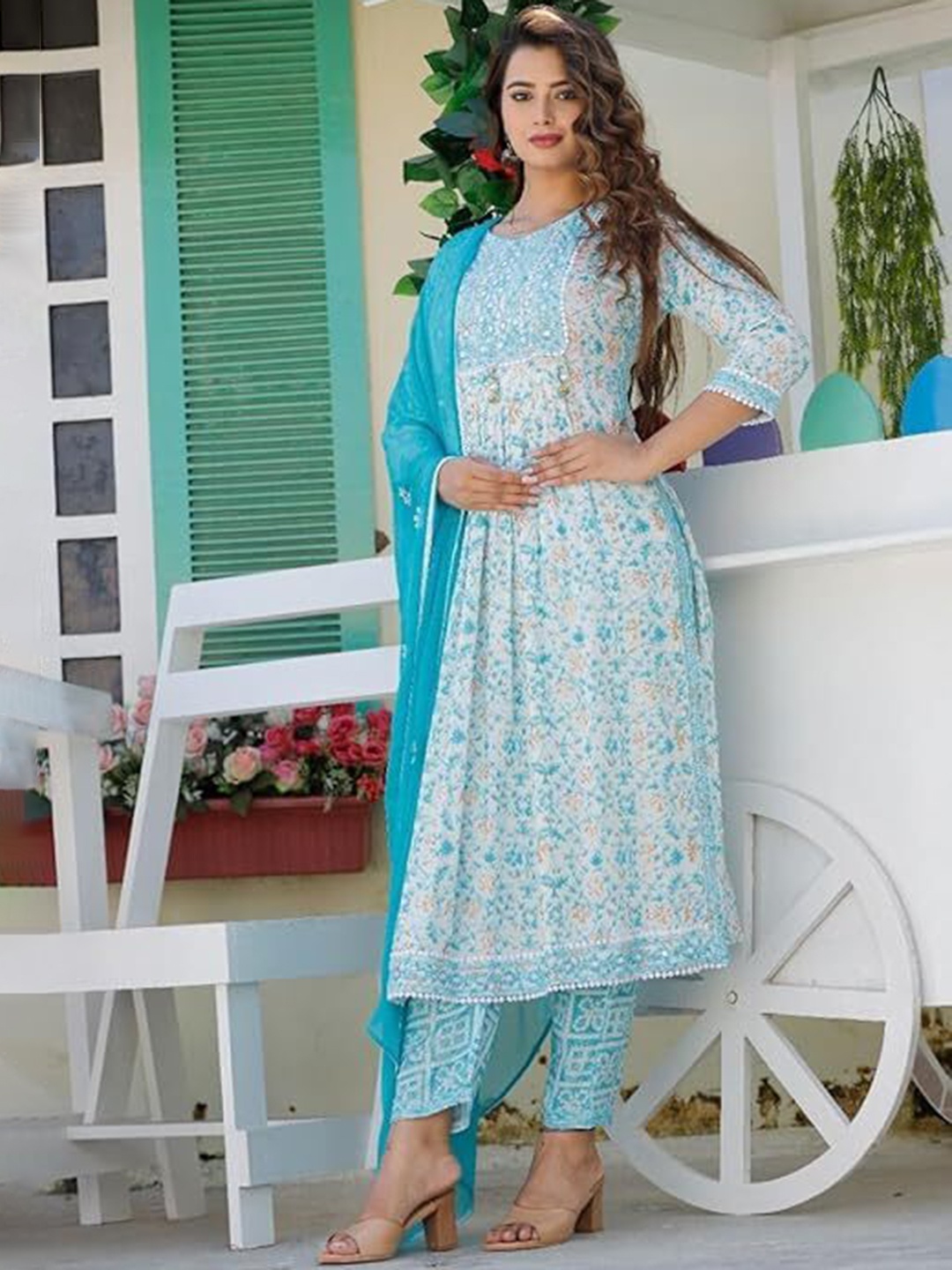

KALINI Ethnic Motif Printed Thread Work A-Line Kurta & Trousers With Dupatta, White