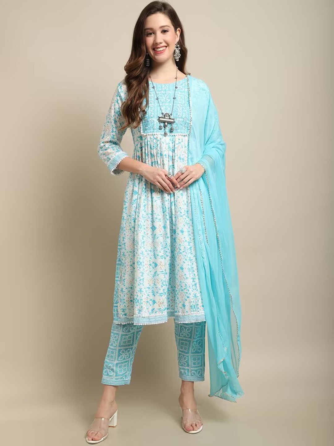 

KALINI Ethnic Motif Printed Thread Work A-Line Kurta & Trousers With Dupatta, White