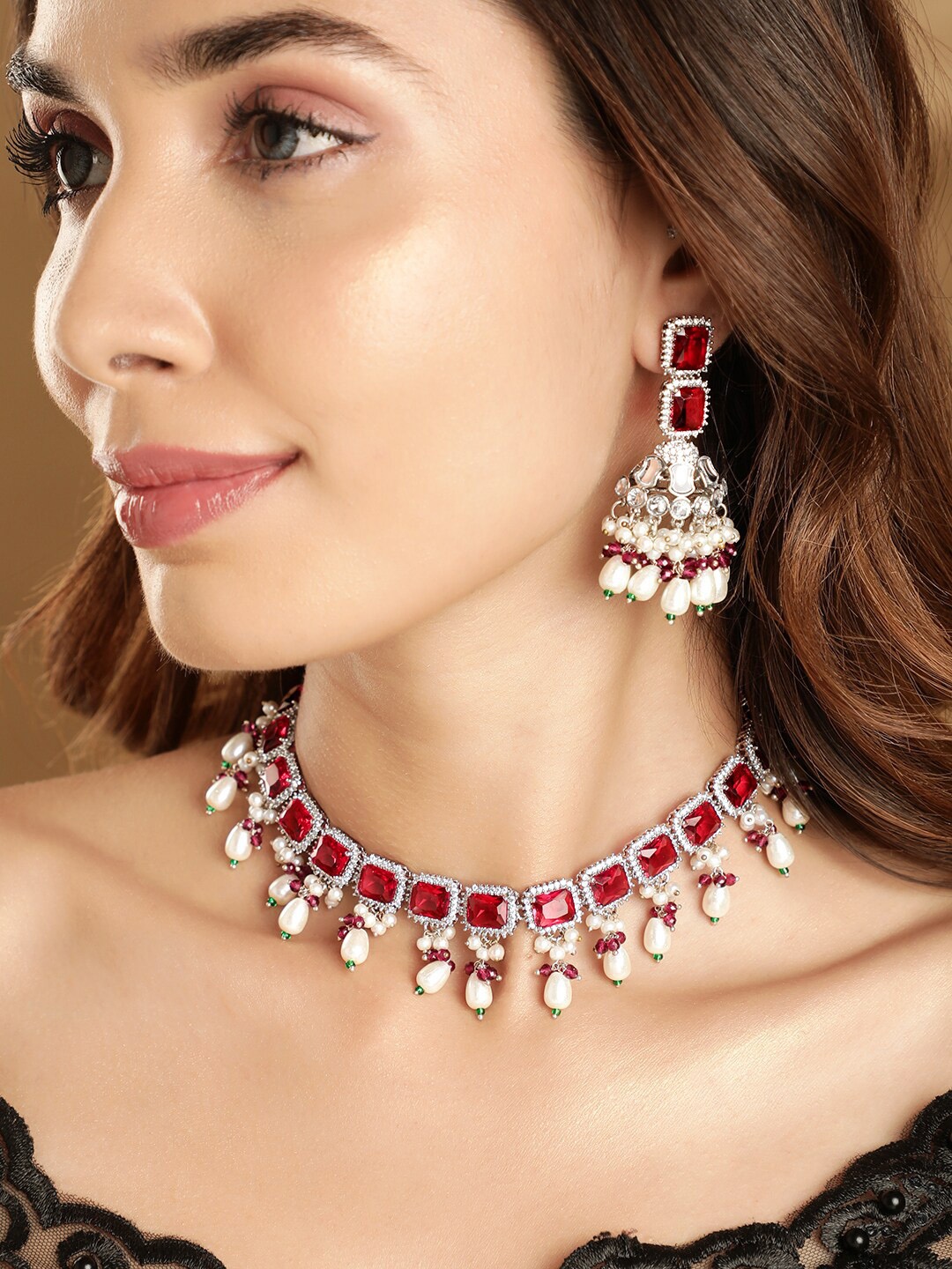 

Rubans Royal Radiance Ruby Studded Rhodium Plated Jewellery Set, Silver