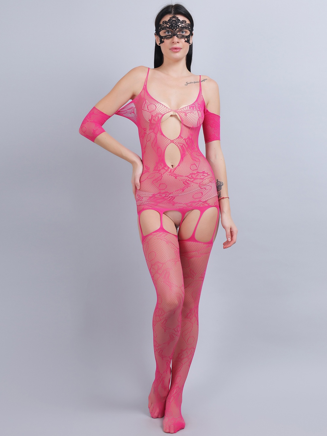 

COLOR STYLE Self Design Stockings With Mask, Pink