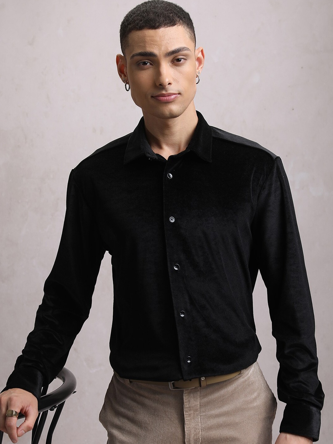 

LOCOMOTIVE Velvet Textured Evening Casual Shirt, Black