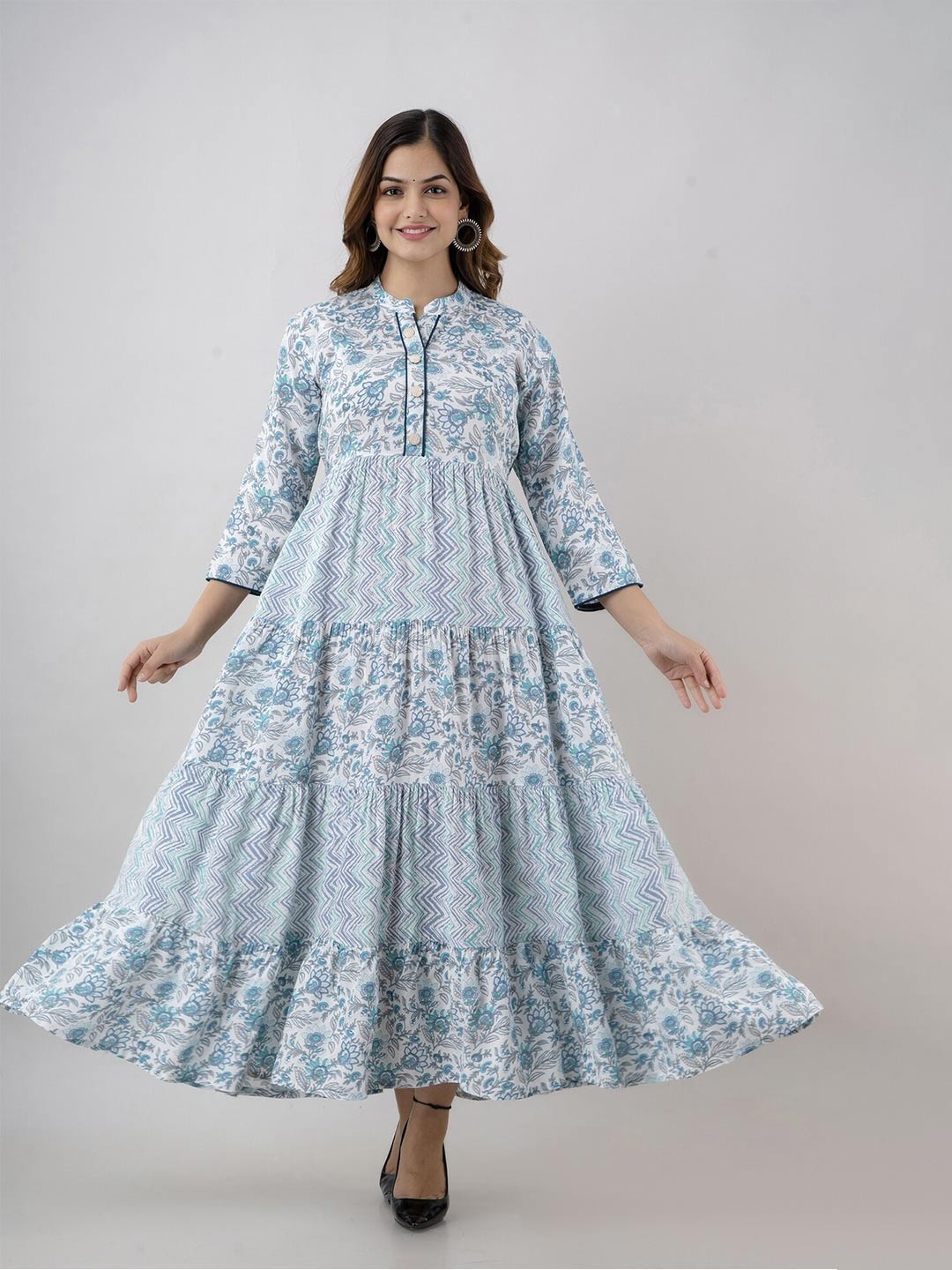

BAESD Floral Printed Mandarin Collar Gathered Tiered Fit & Flare Maxi Ethnic Dress, Blue