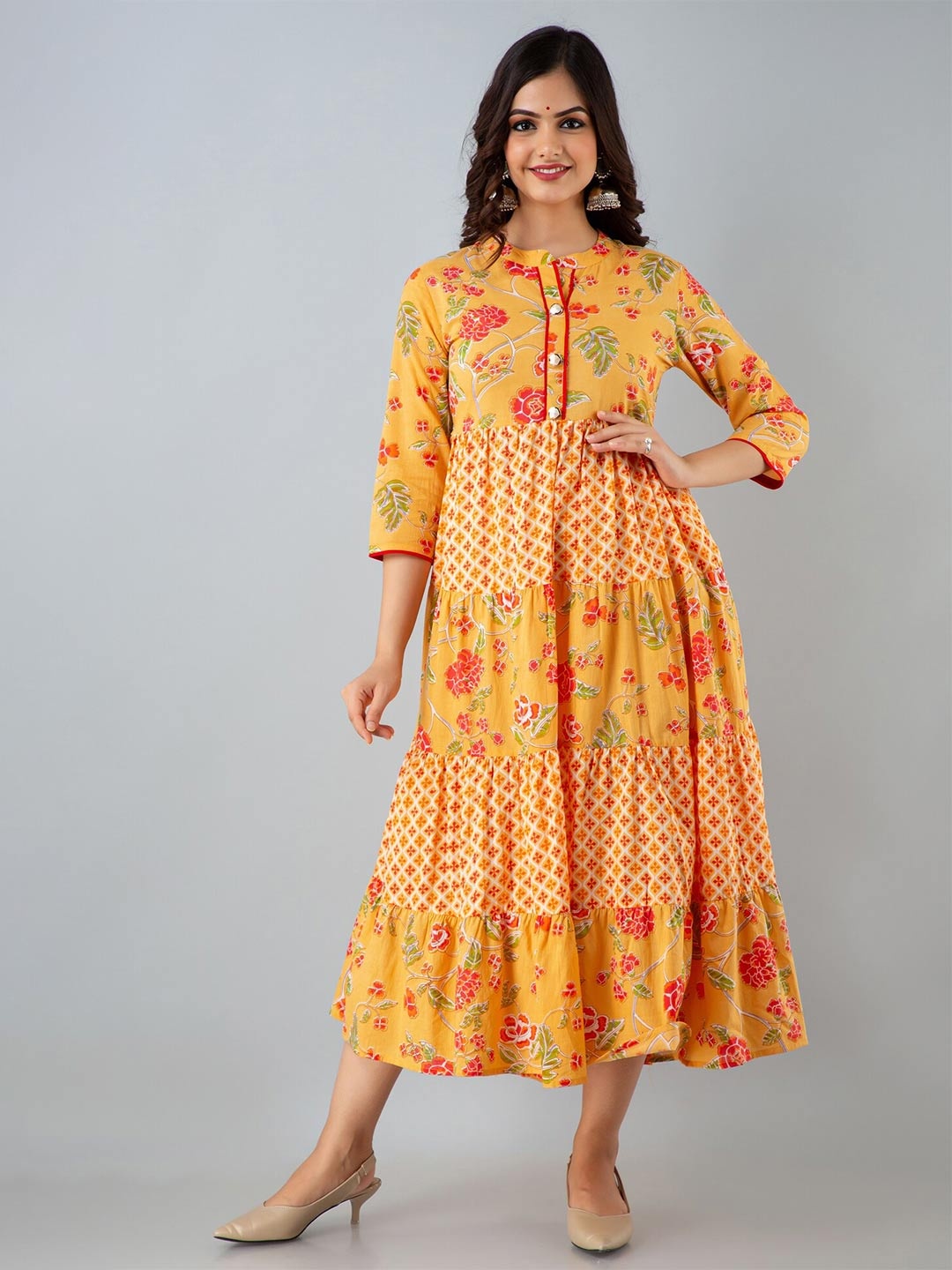 

BAESD Floral Printed Mandarin Collar Gathered Tiered Fit & Flare Maxi Ethnic Dress, Mustard