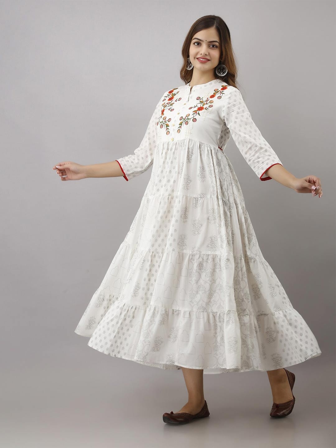

BAESD Floral Printed Mandarin Collar Embroidered Tiered Fit & Flare Maxi Ethnic Dress, White