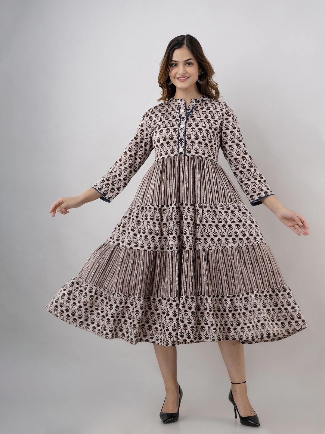 

BAESD Floral Printed Mandarin Collar Gathered Tiered Fit & Flare Maxi Ethnic Dress, Grey