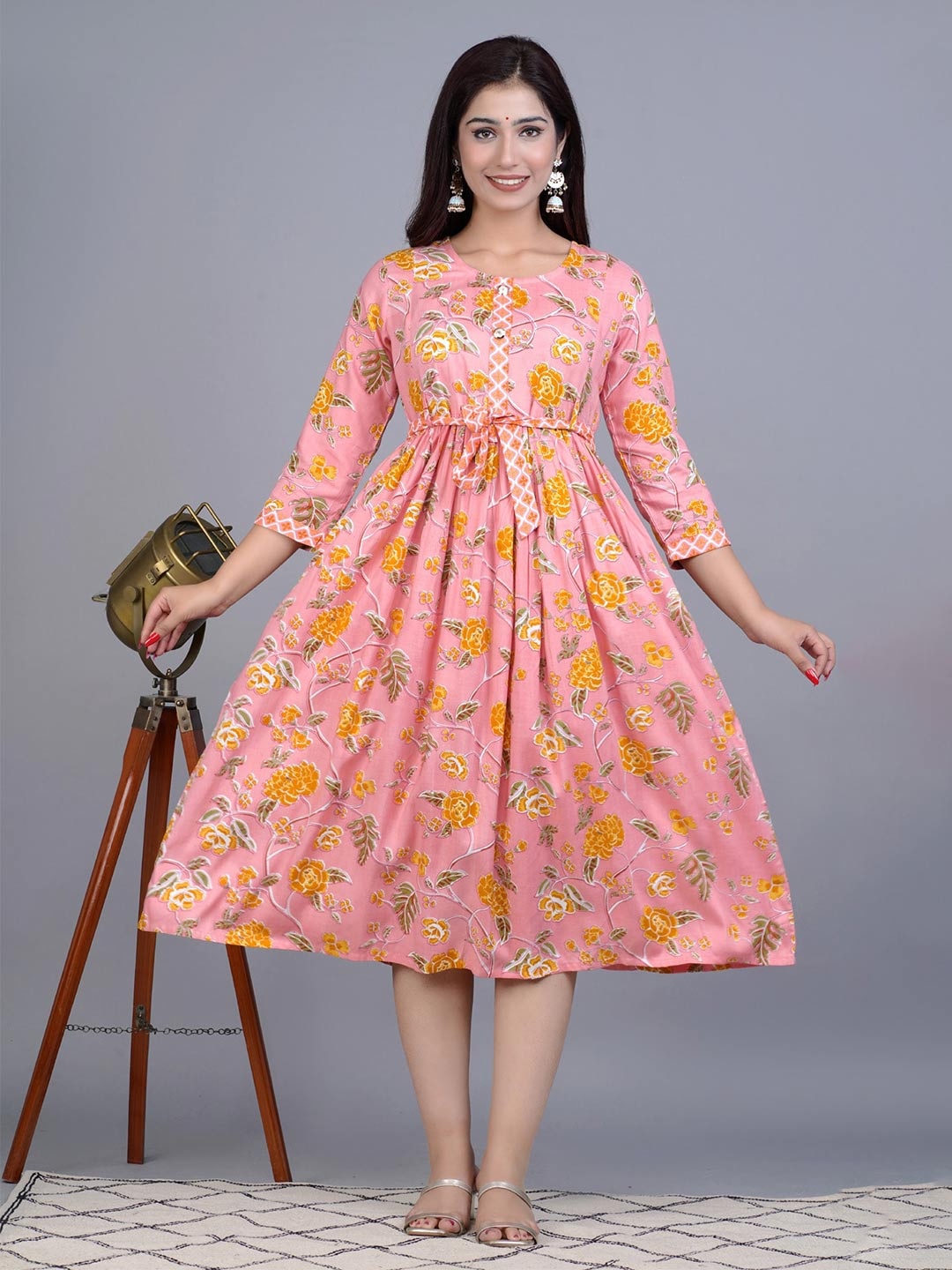 

BAESD Floral Printed Round Neck Gathered Fit & Flare Midi Ethnic Dress, Peach