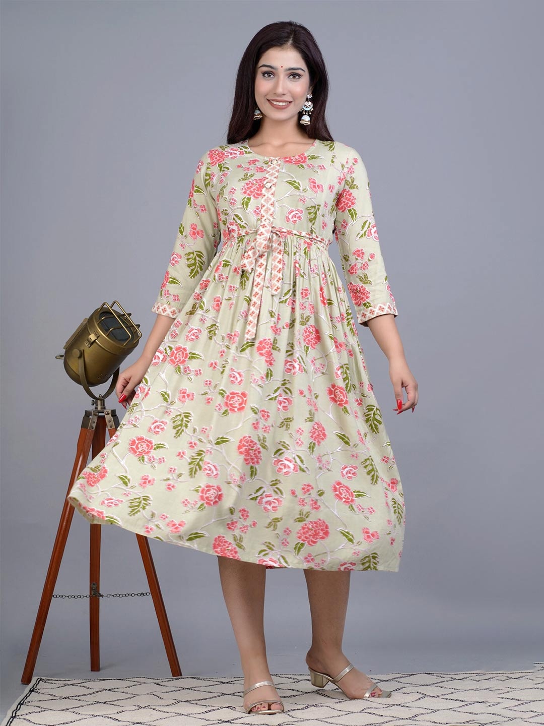 

BAESD Floral Printed Belted Fit & Flare Dress, Beige