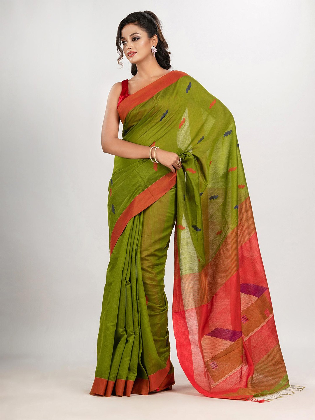 

Angoshobha Ethnic Motifs Woven Design Jamdani Saree, Green
