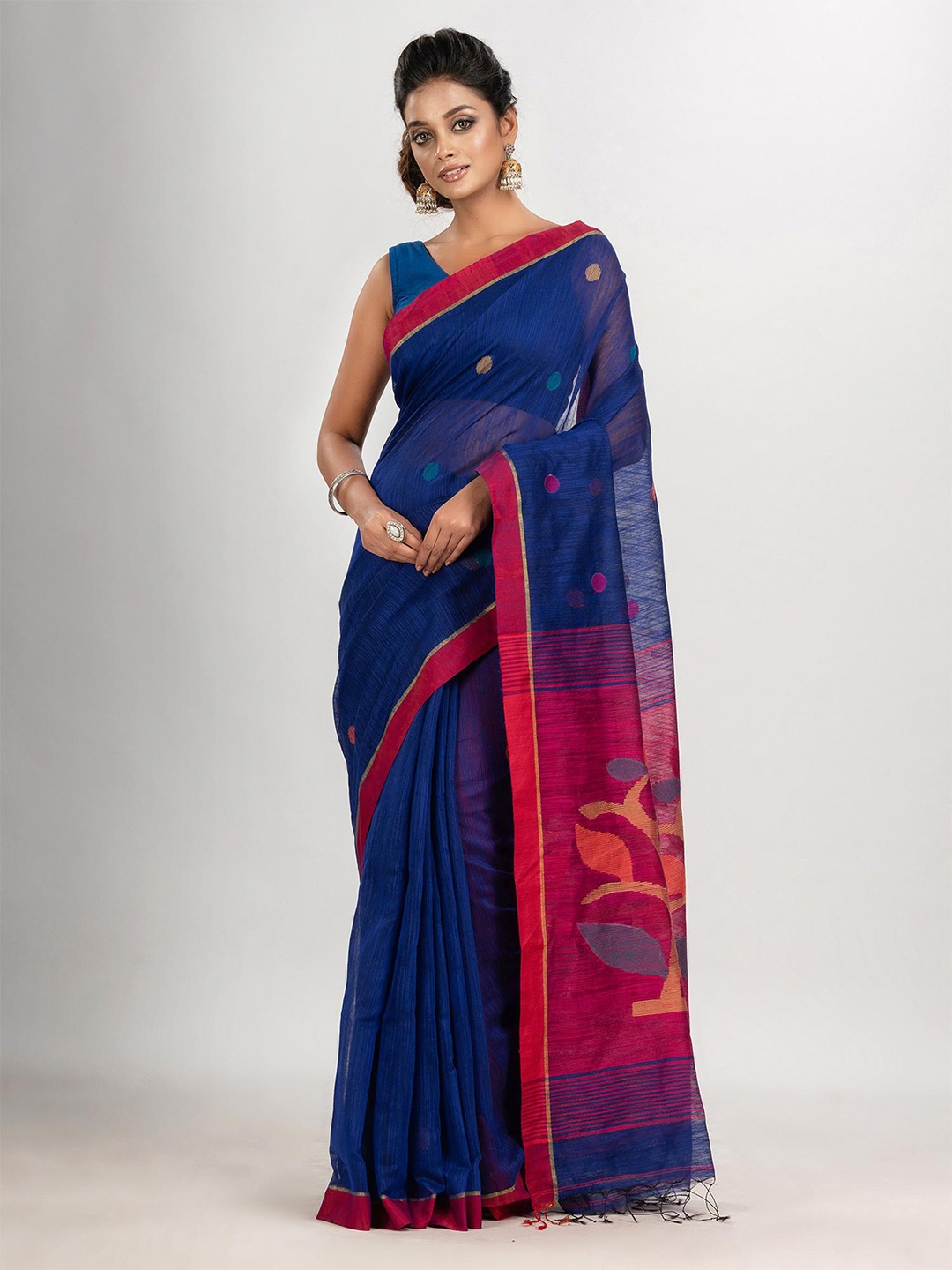 

Angoshobha Ethnic Motifs Woven Design Jamdani Saree, Navy blue