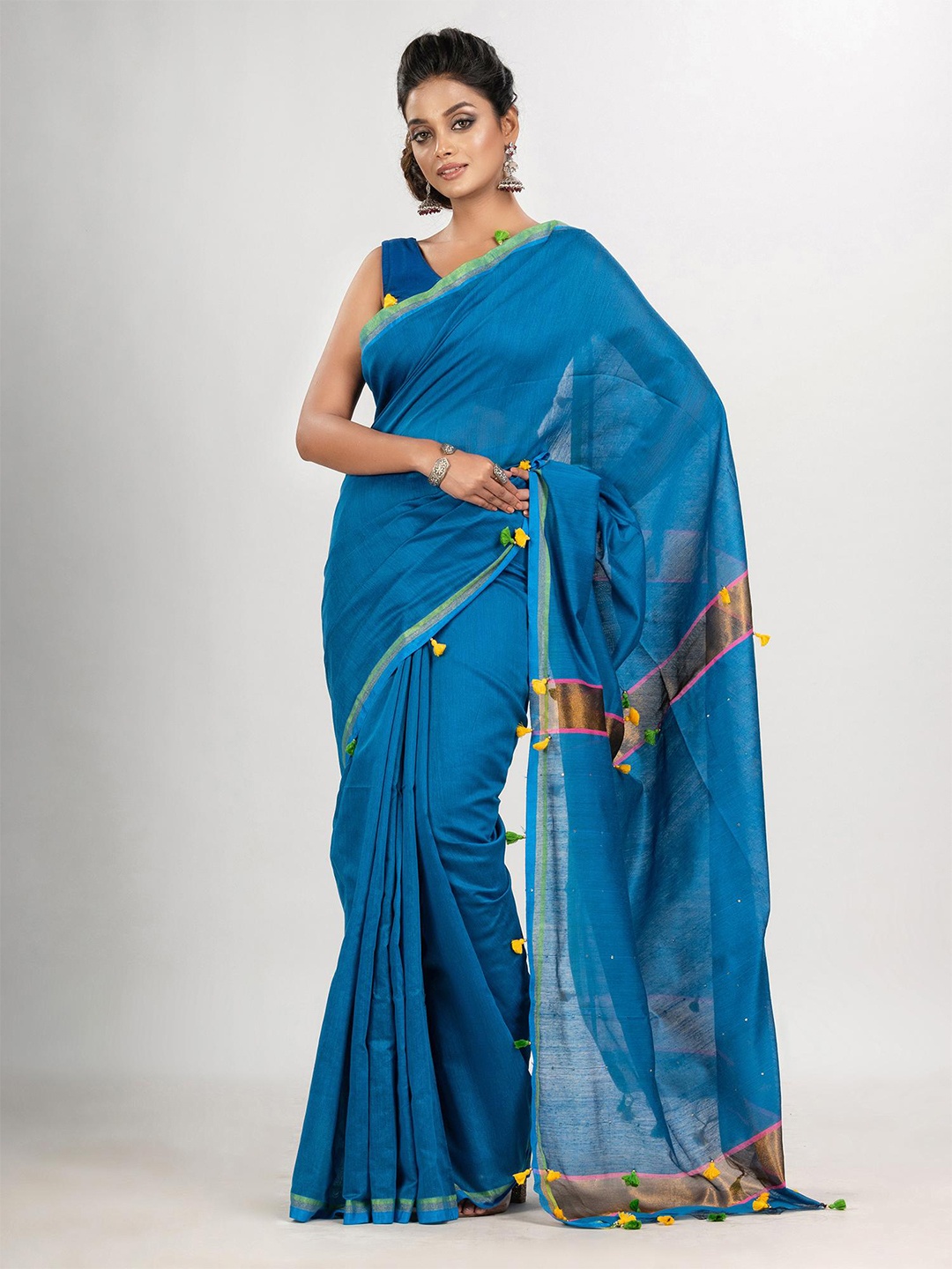 

Angoshobha Zari Cotton Blend Saree, Blue