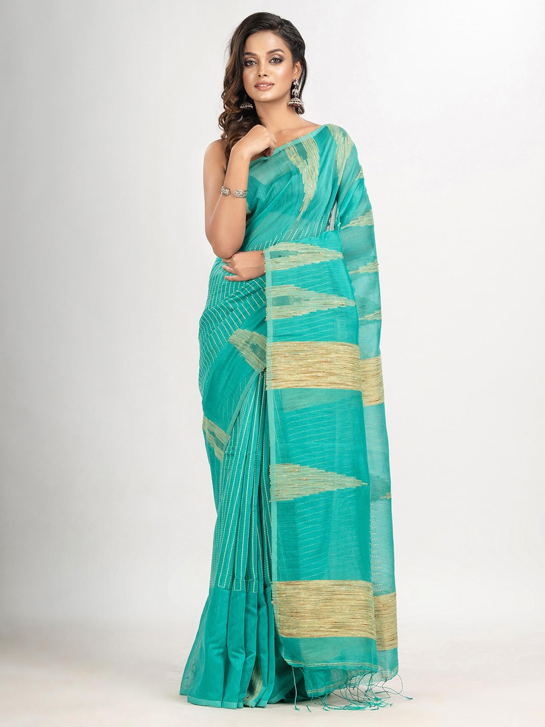 

Angoshobha Woven Design Striped Saree, Green