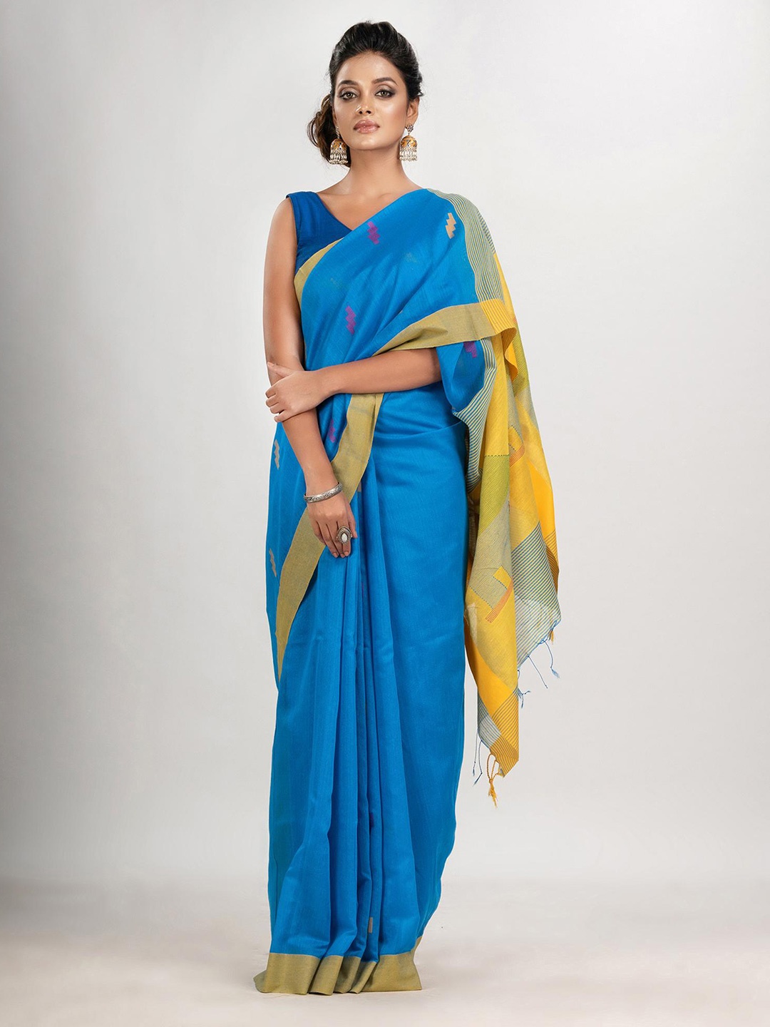 

Angoshobha Ethnic Motifs Woven Design Jamdani Saree, Blue