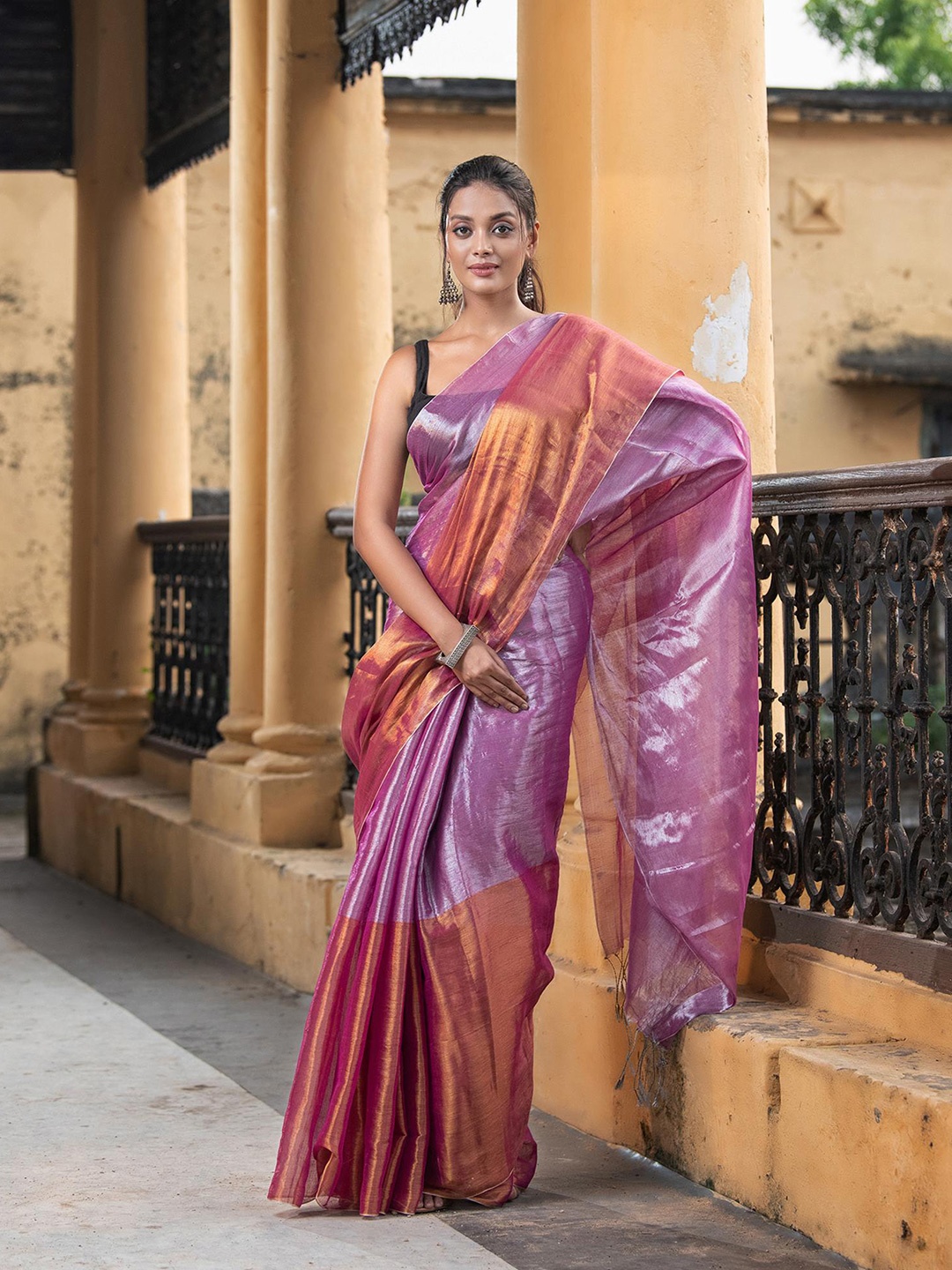 

Angoshobha Woven Design Colourblocked Saree, Silver
