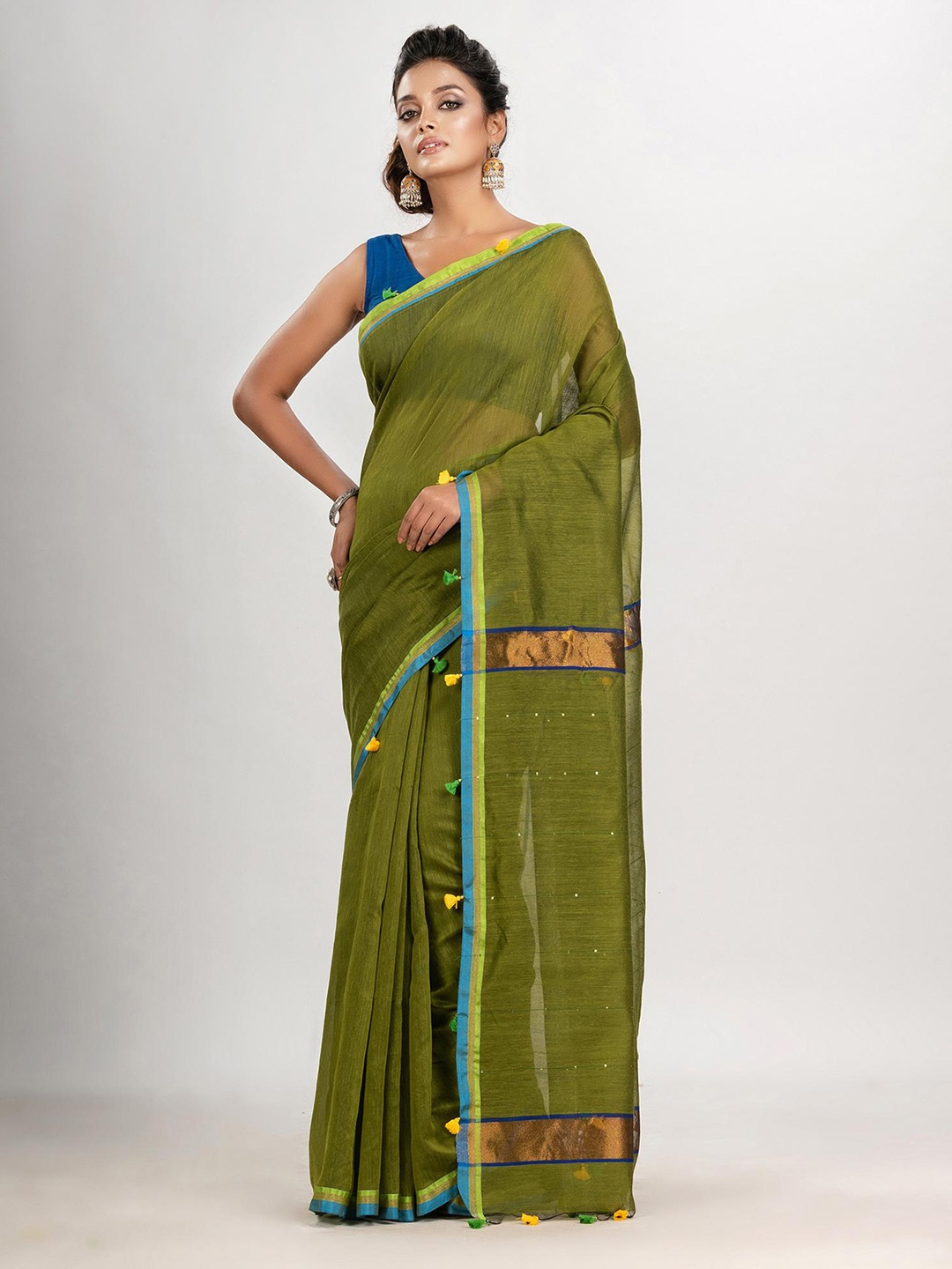 

Angoshobha Zari Cotton Blend Saree, Green