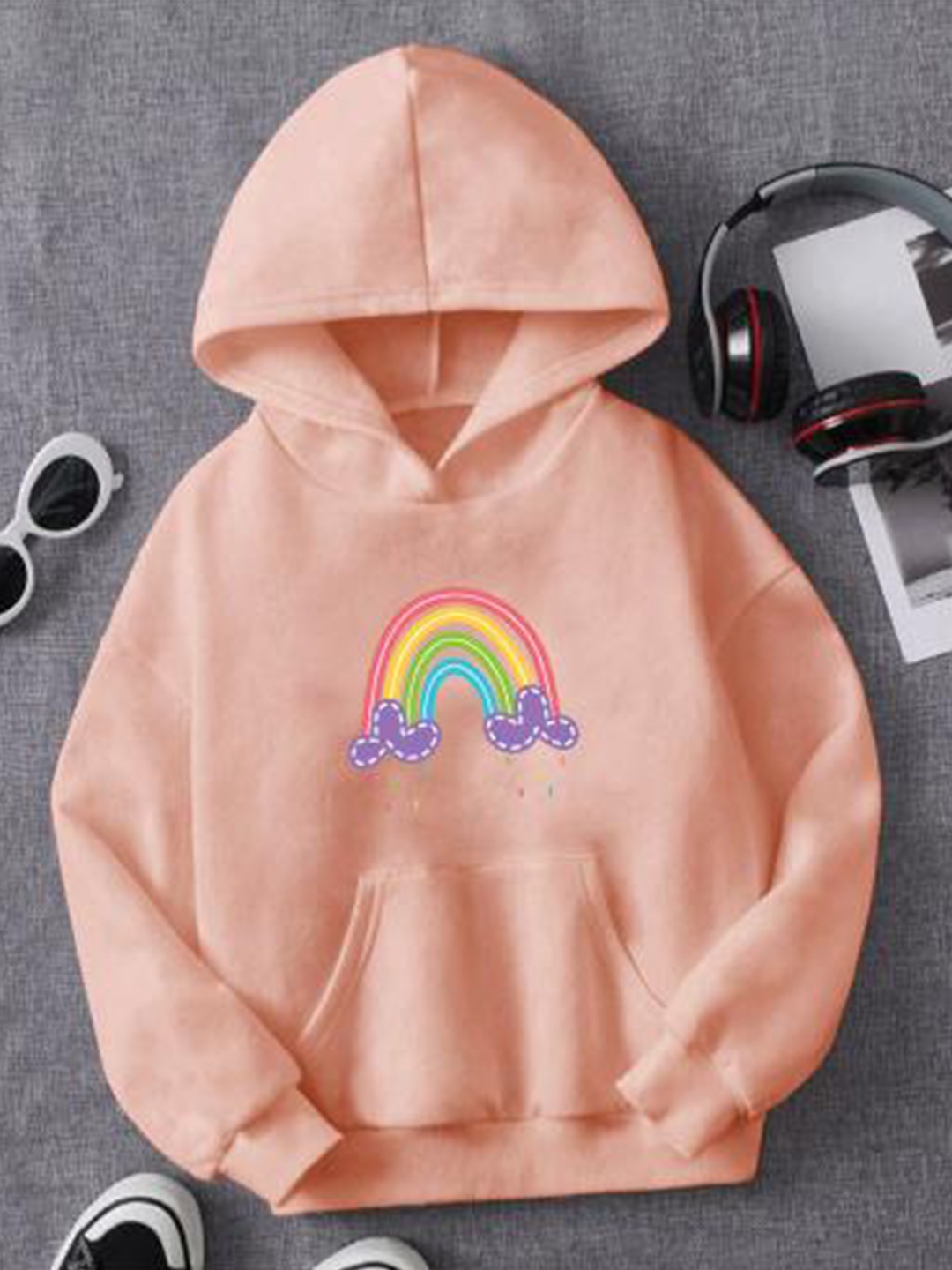 

BAESD Kids Rainbow Printed Hood Fleece Pullover Sweatshirt, Peach
