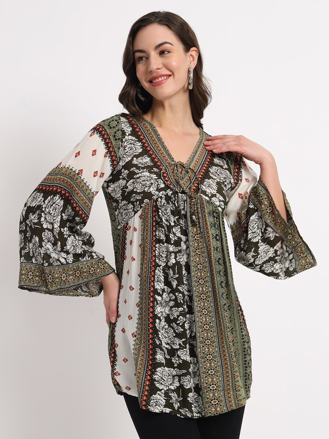 

VELDRESS Floral Printed Empire Longline Top, Green