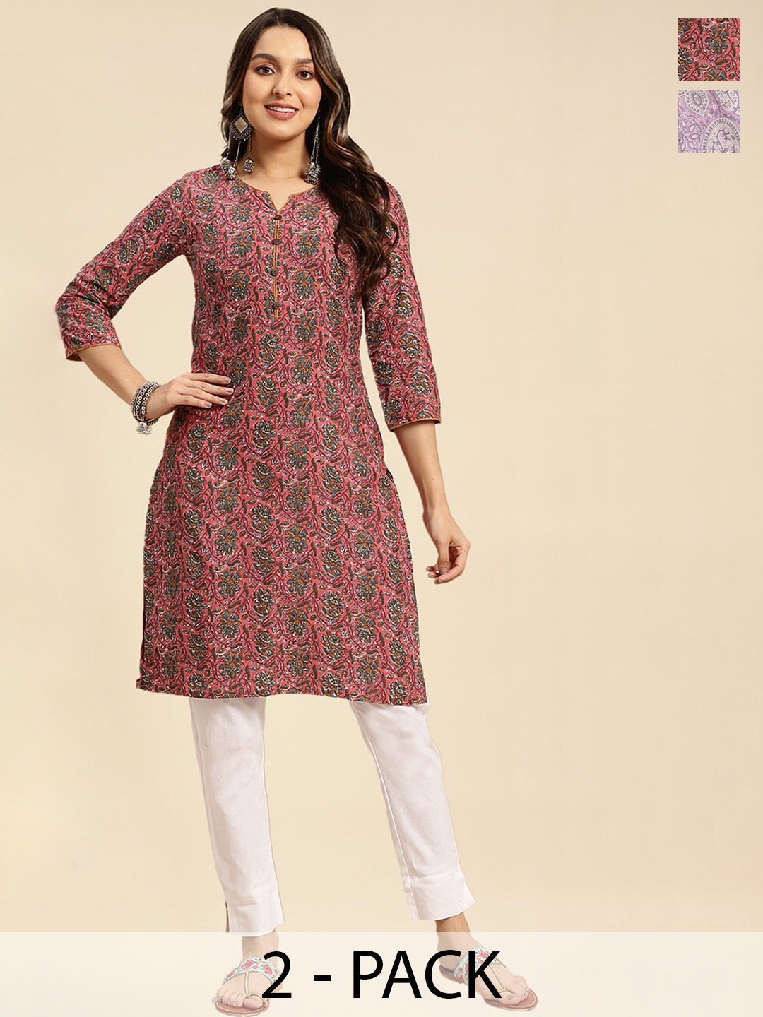 

Rangita Pack of 2 Floral Printed Round Neck Straight Kurtas, Coral