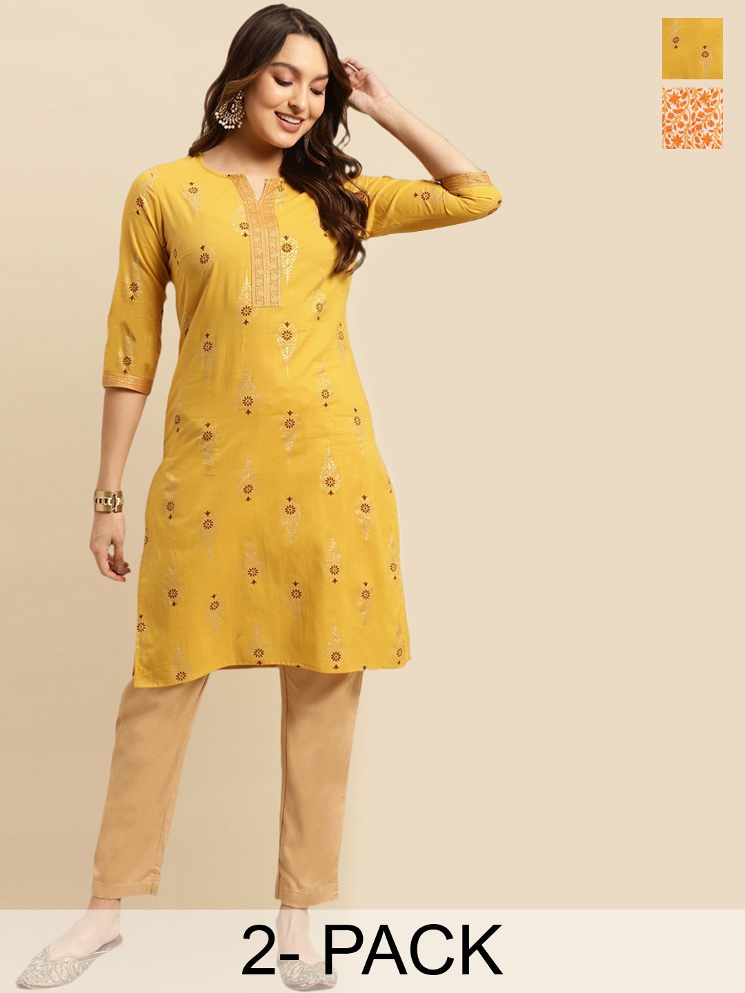 

Rangita Pack of 2 Floral Printed Round Neck Straight Kurtas, Orange