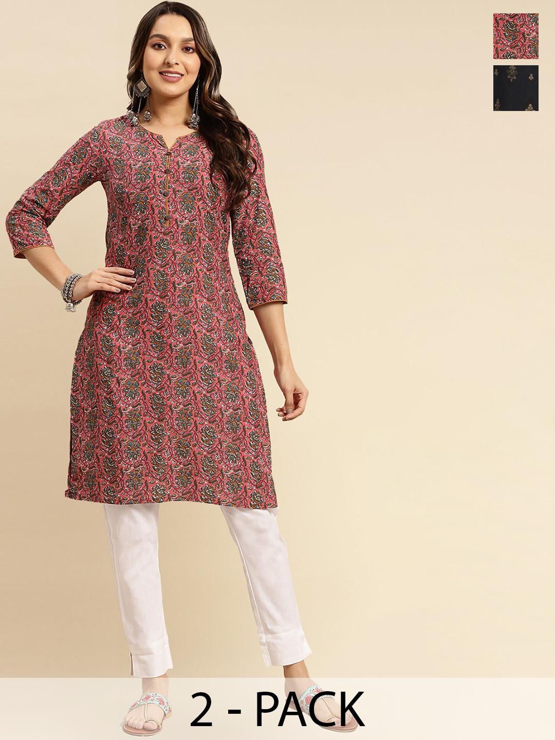

Rangita Women Floral Printed Cotton Knee Length Straight Kurtas, Coral