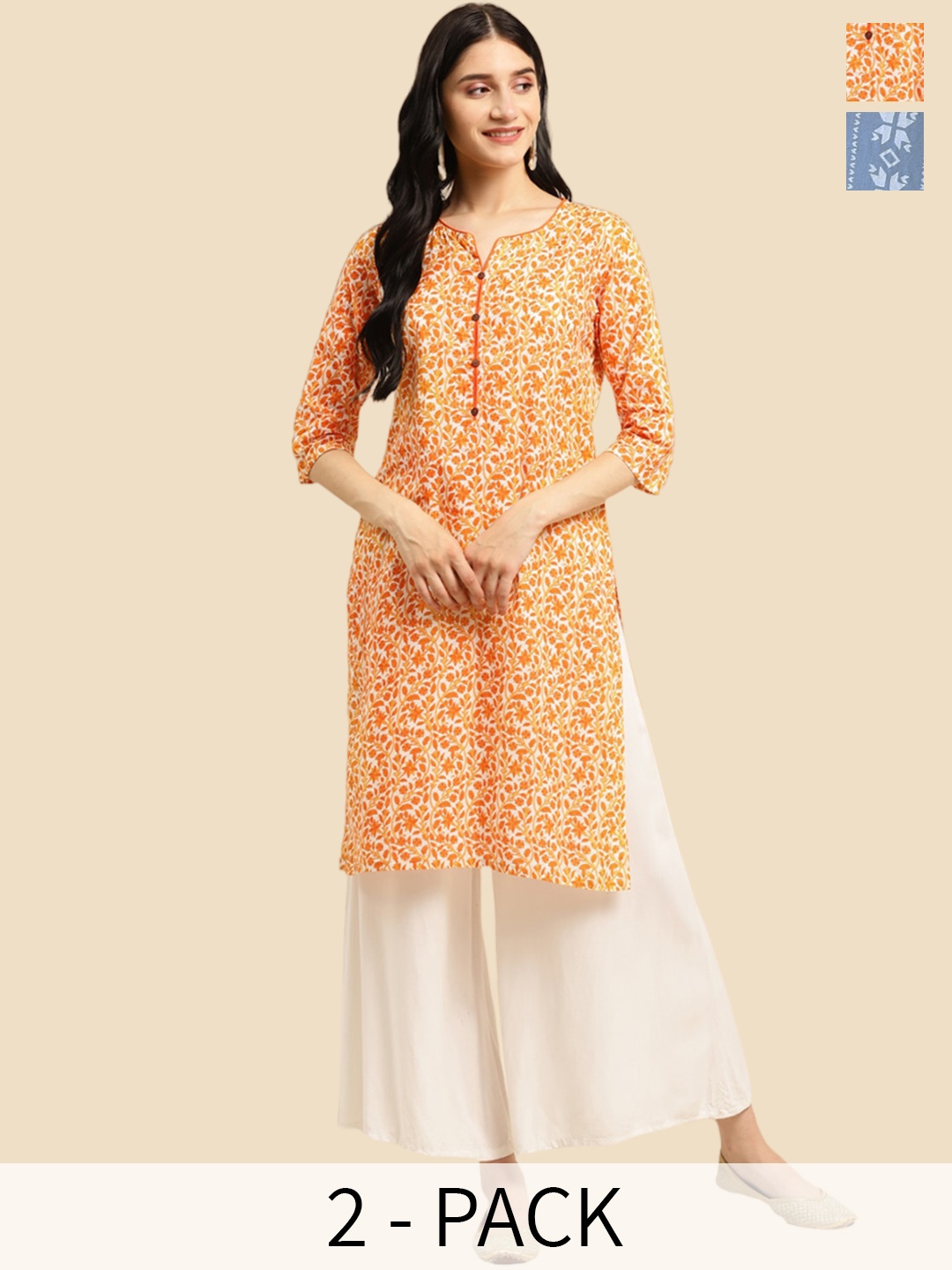 

Rangita 2 Pieces Floral Printed Notch Neck Pure Cotton Straight Kurta, Orange
