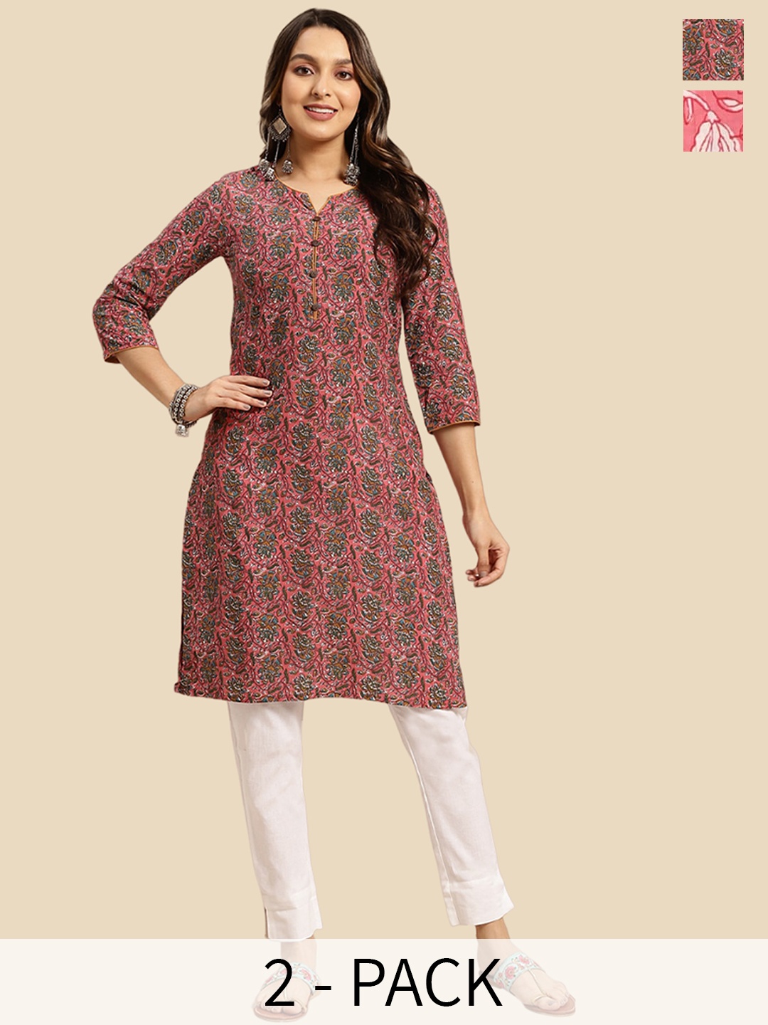 

Rangita 2 Pieces Floral Printed Round Neck Pure Cotton Straight Kurta, Coral