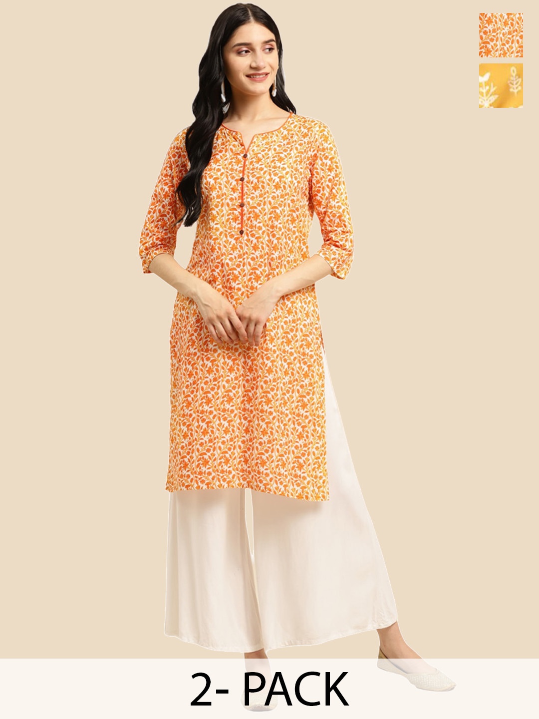 

Rangita Pack of 2 Floral Printed Round Neck Straight Kurtas, Orange