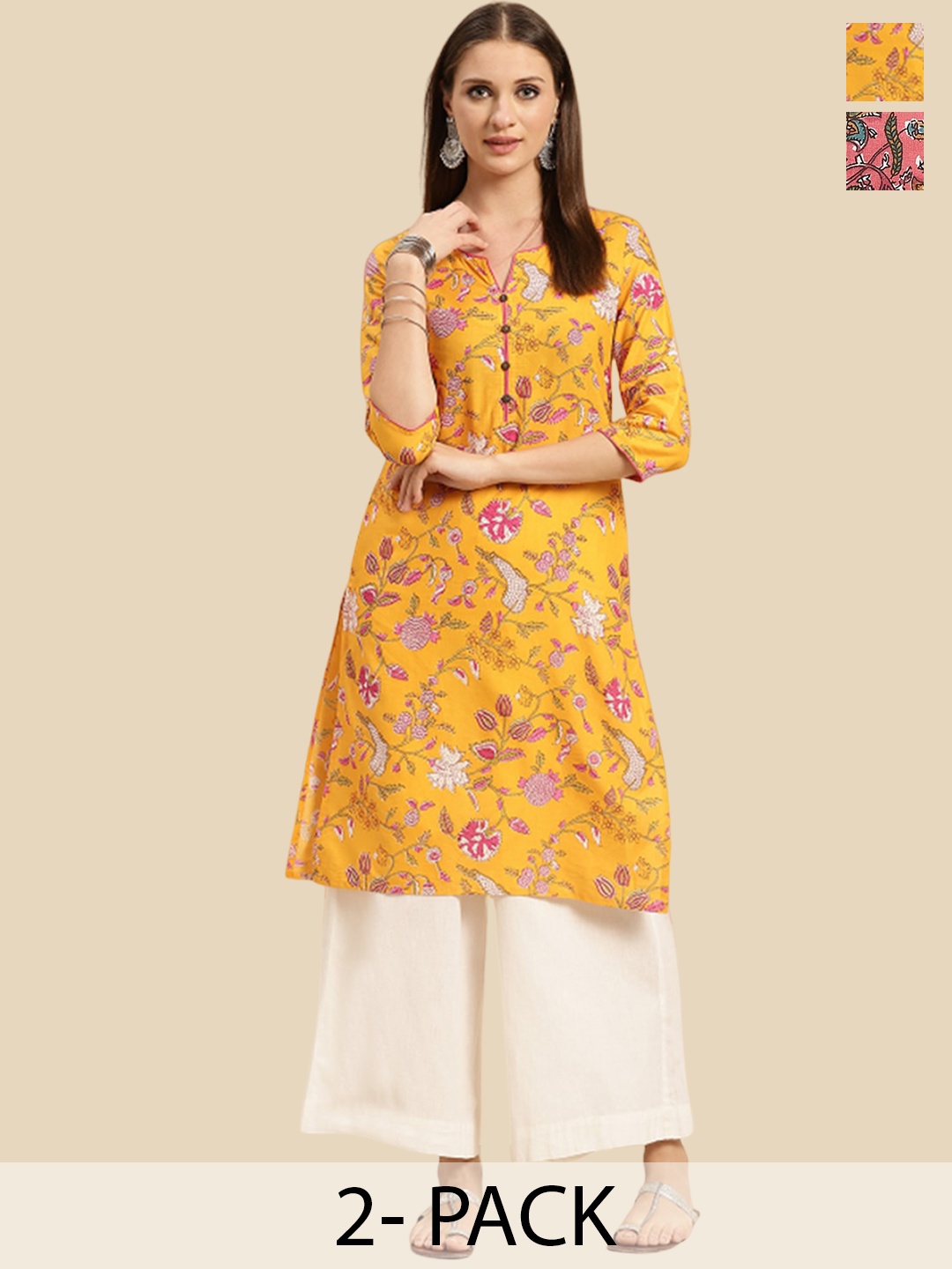 

Rangita 2 Pieces Floral Printed Round Neck Pure Cotton Straight Kurta, Yellow